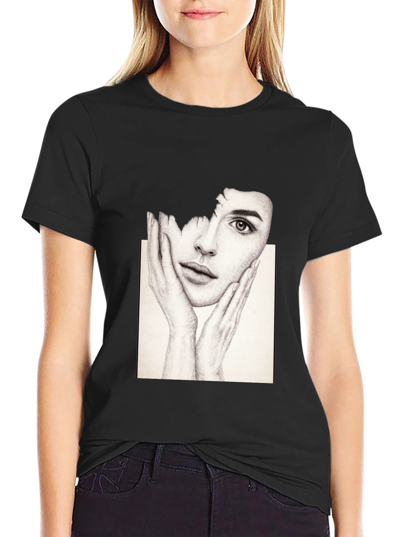 Artistic Face Print Black T-Shirt