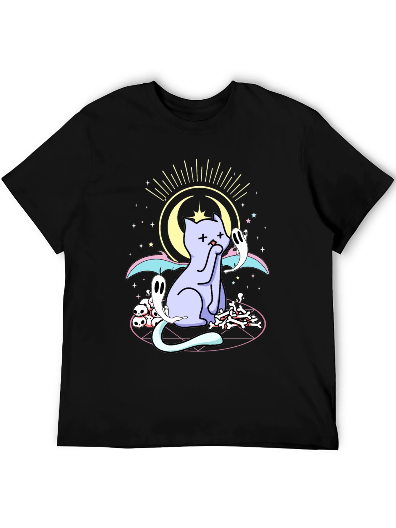 Mystical Cat Print Black T-Shirt
