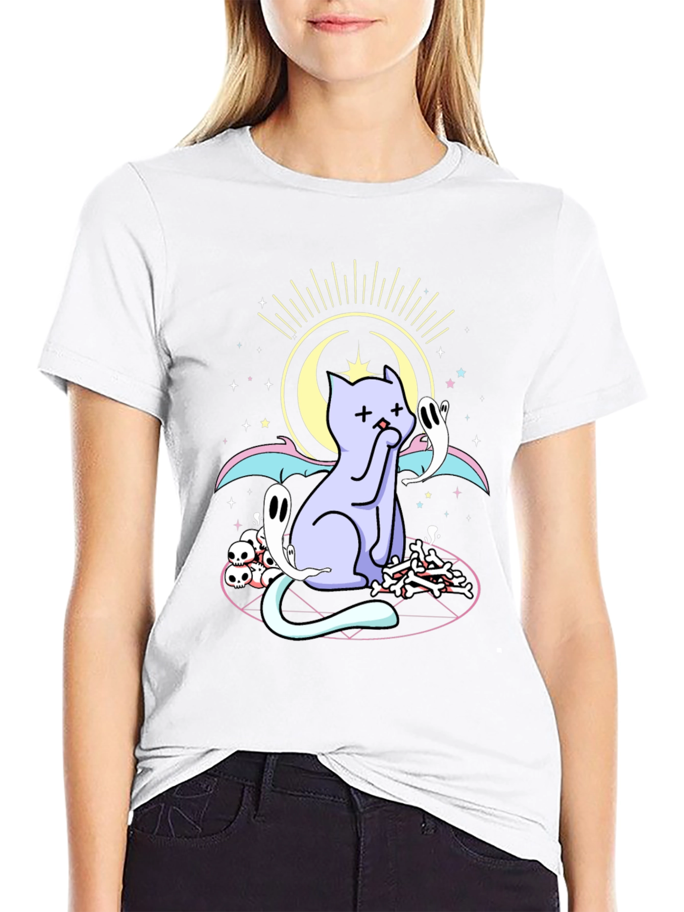 Mystical Cat Print Black T-Shirt