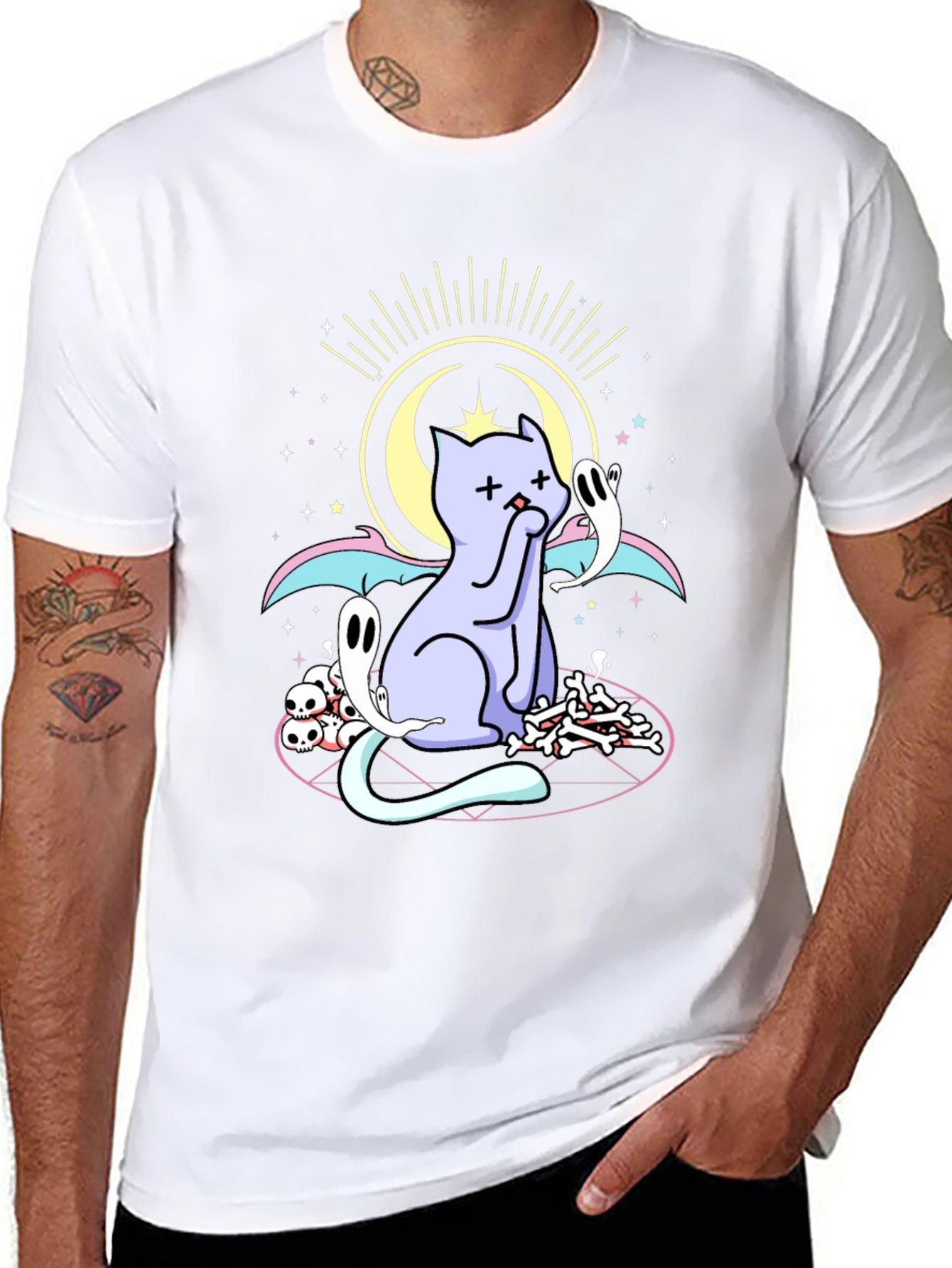 Mystical Cat Print Black T-Shirt