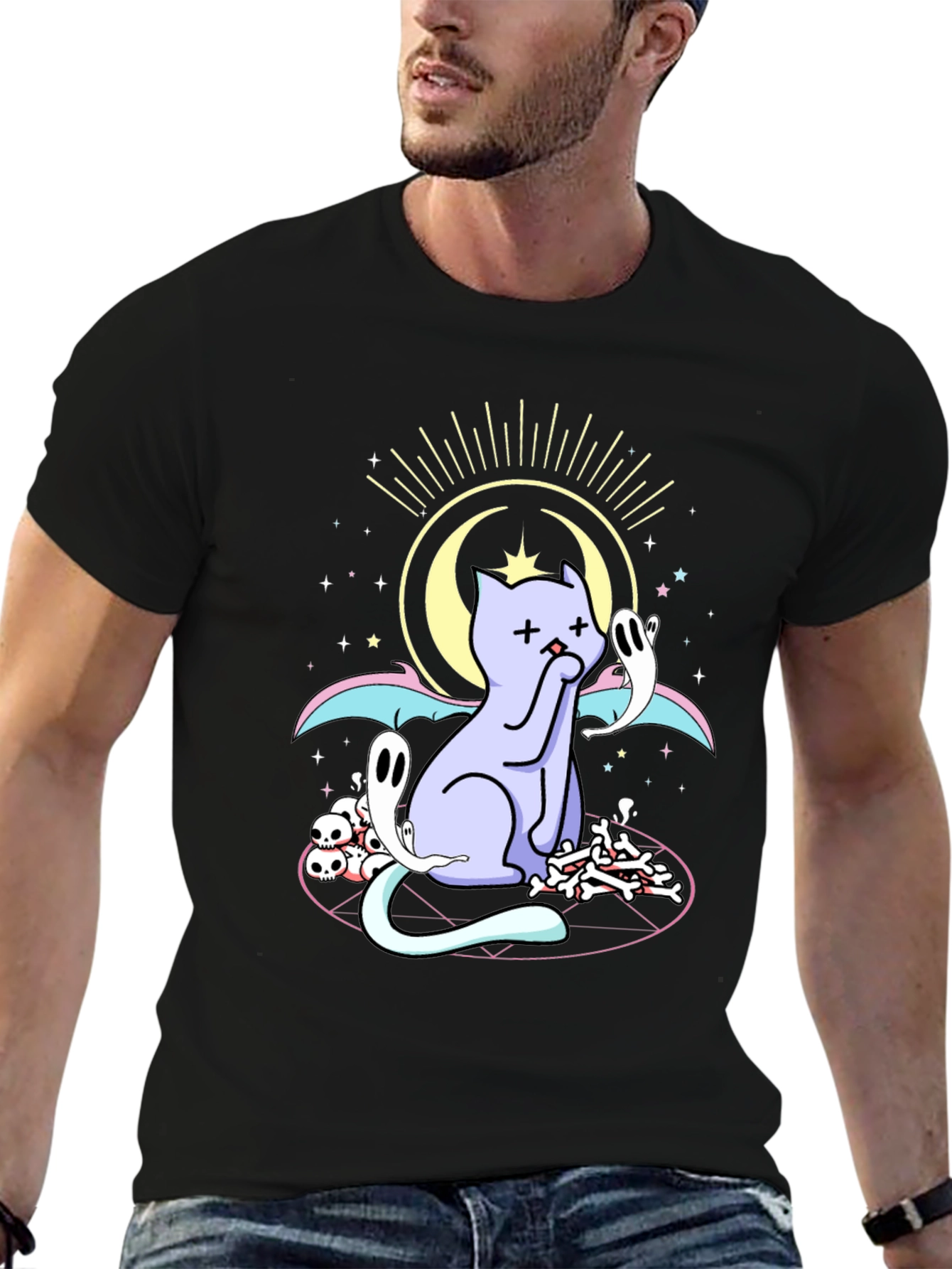 Mystical Cat Print Black T-Shirt