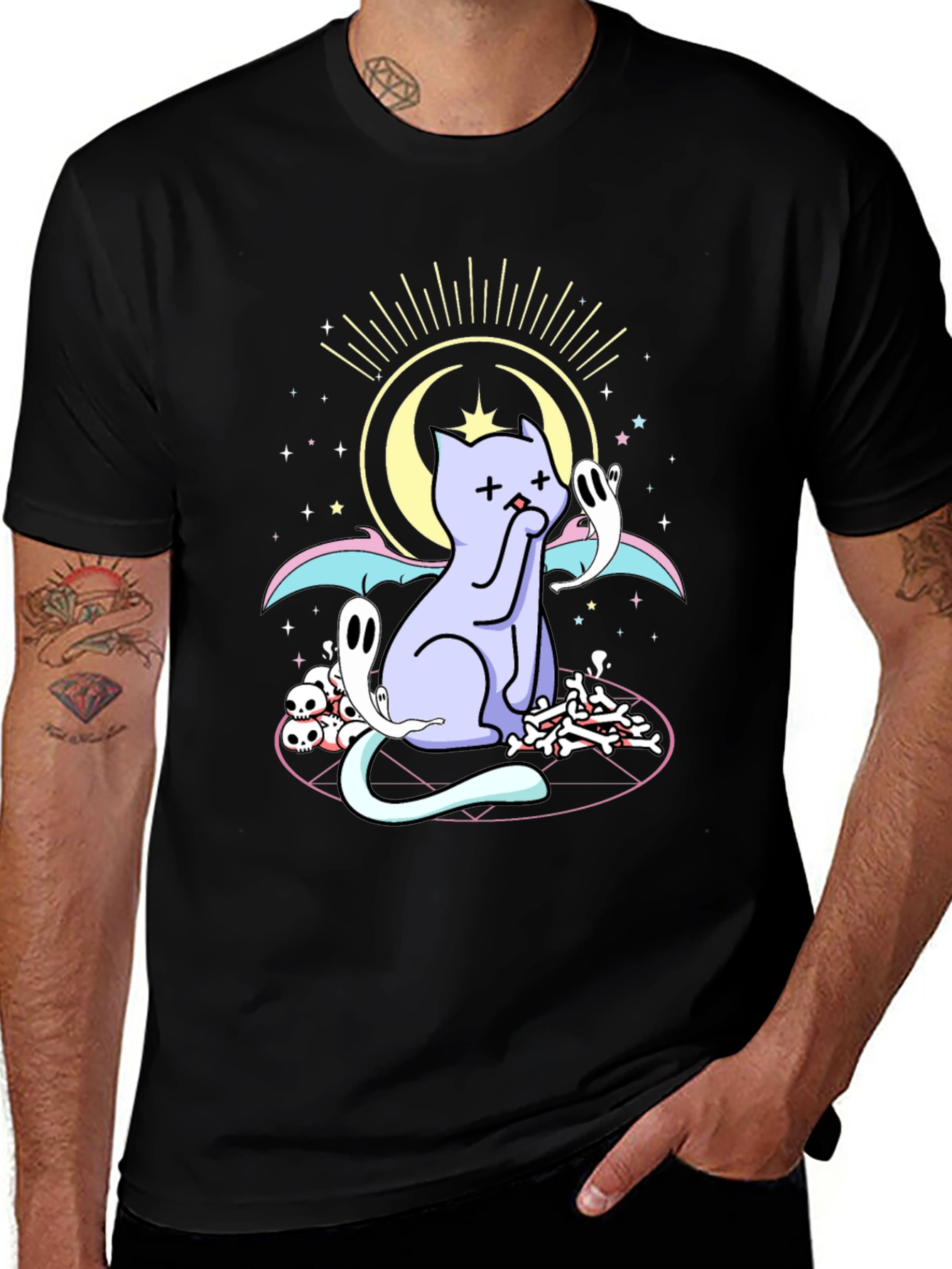 Mystical Cat Print Black T-Shirt