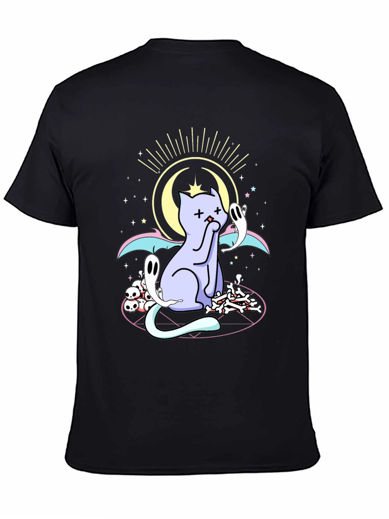 Mystical Cat Print Black T-Shirt