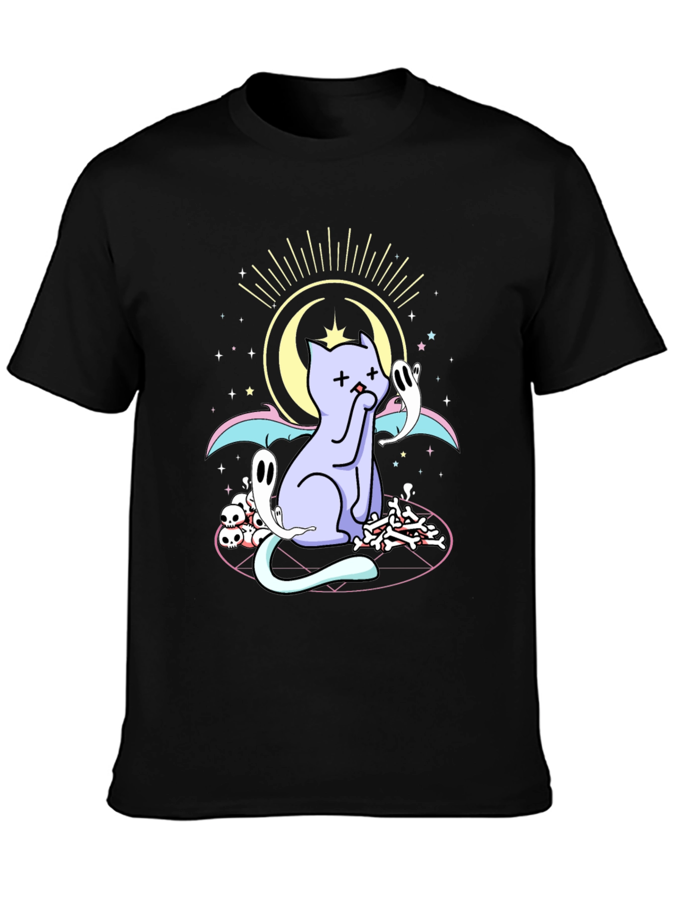 Mystical Cat Print Black T-Shirt
