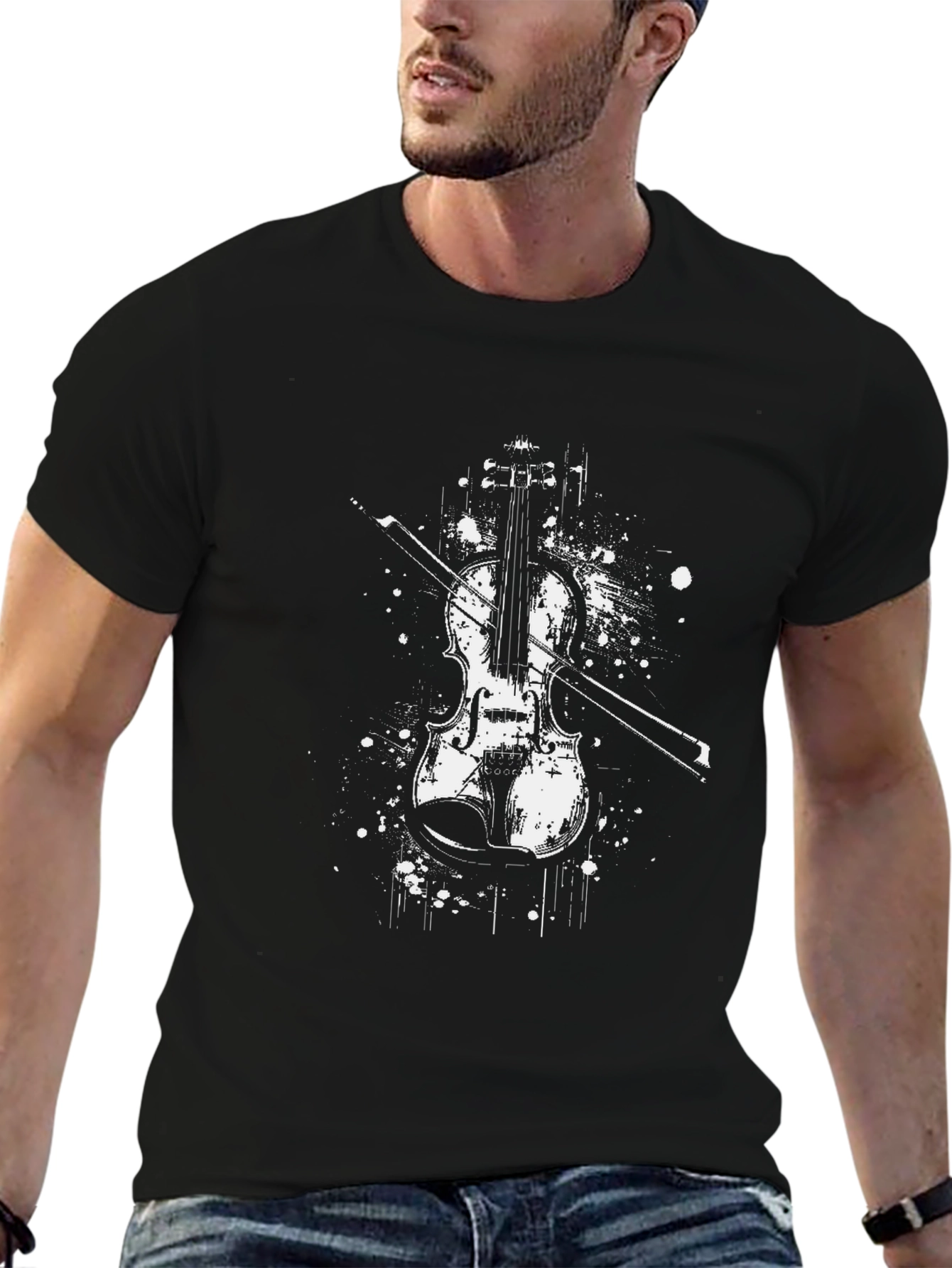 Violin Graphic Print Black T-Shirt