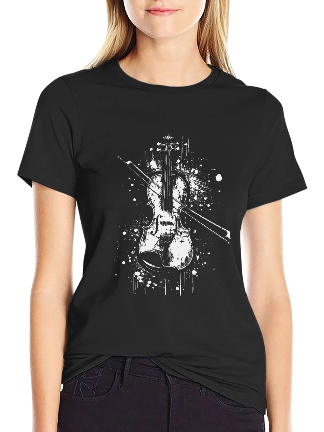 Violin Graphic Print Black T-Shirt