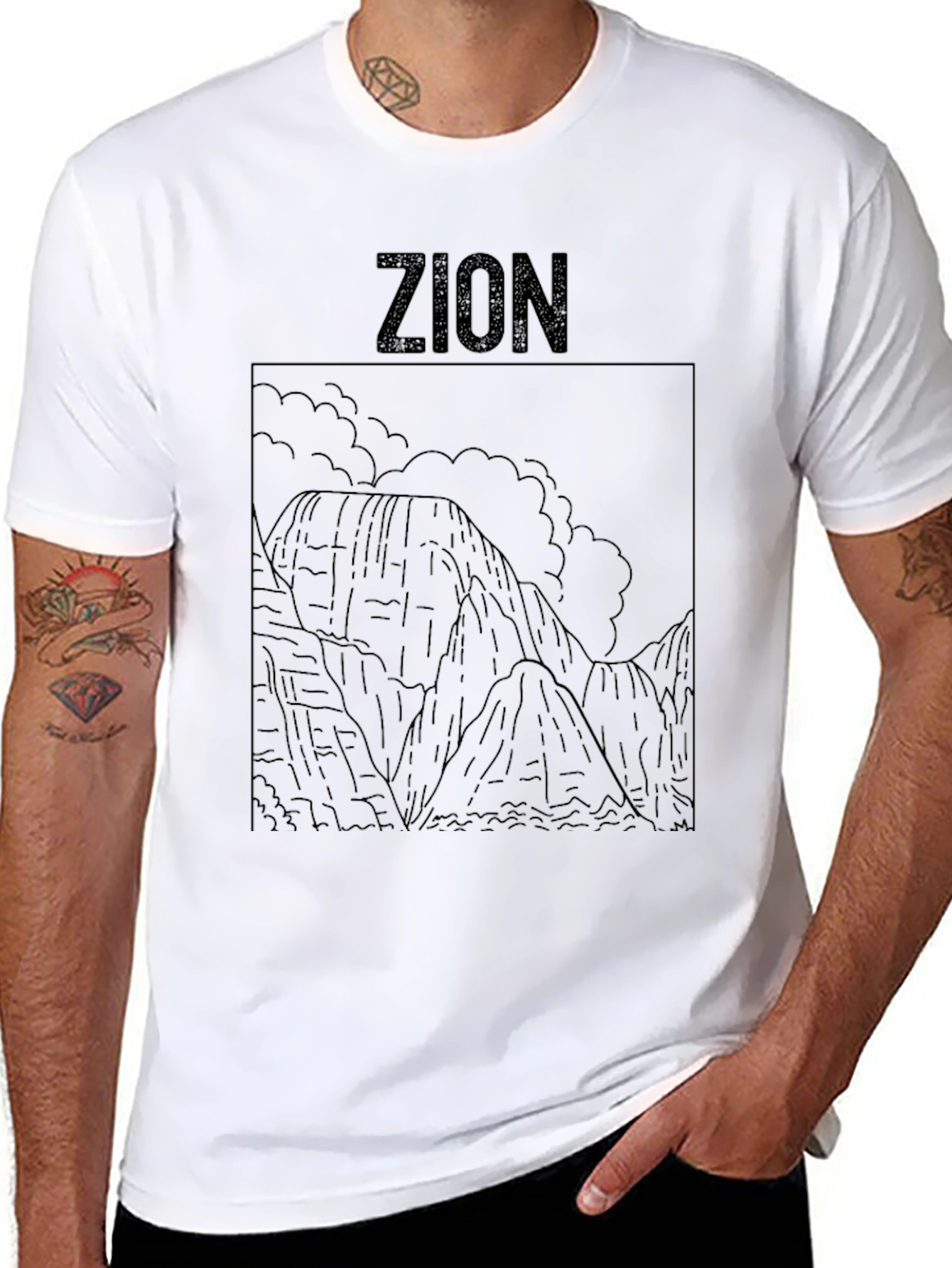 Zion National Park Line Art Black T-Shirt