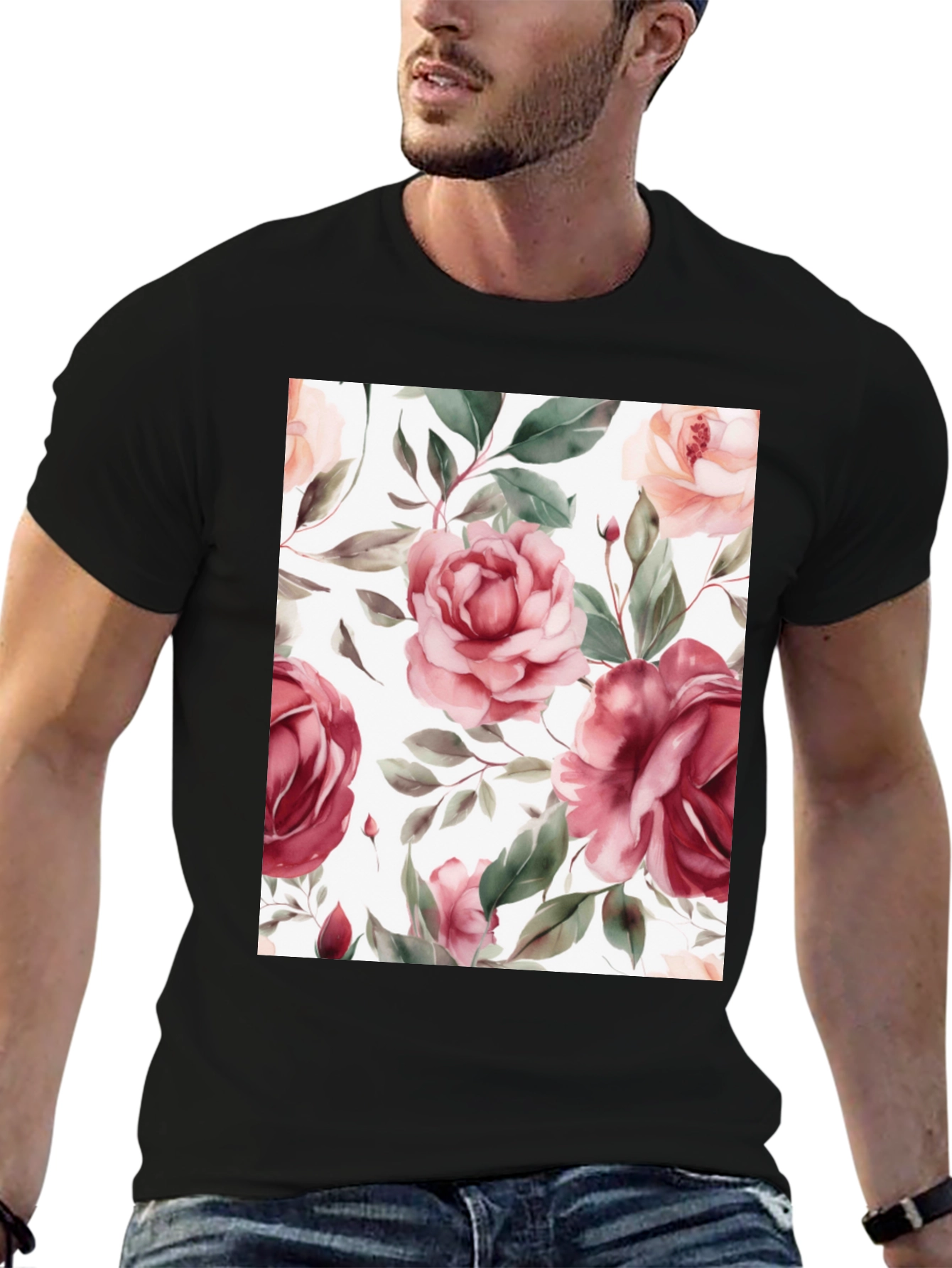 Floral Roses Print Black T-Shirt