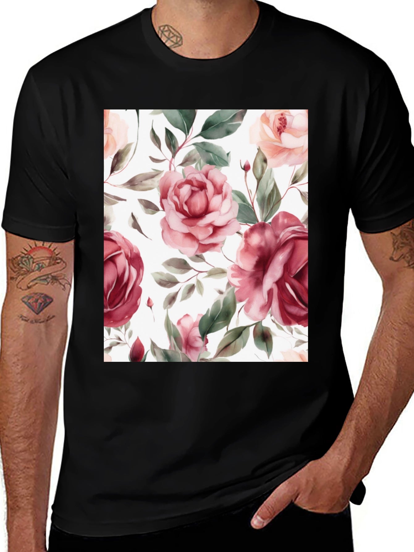 Floral Roses Print Black T-Shirt