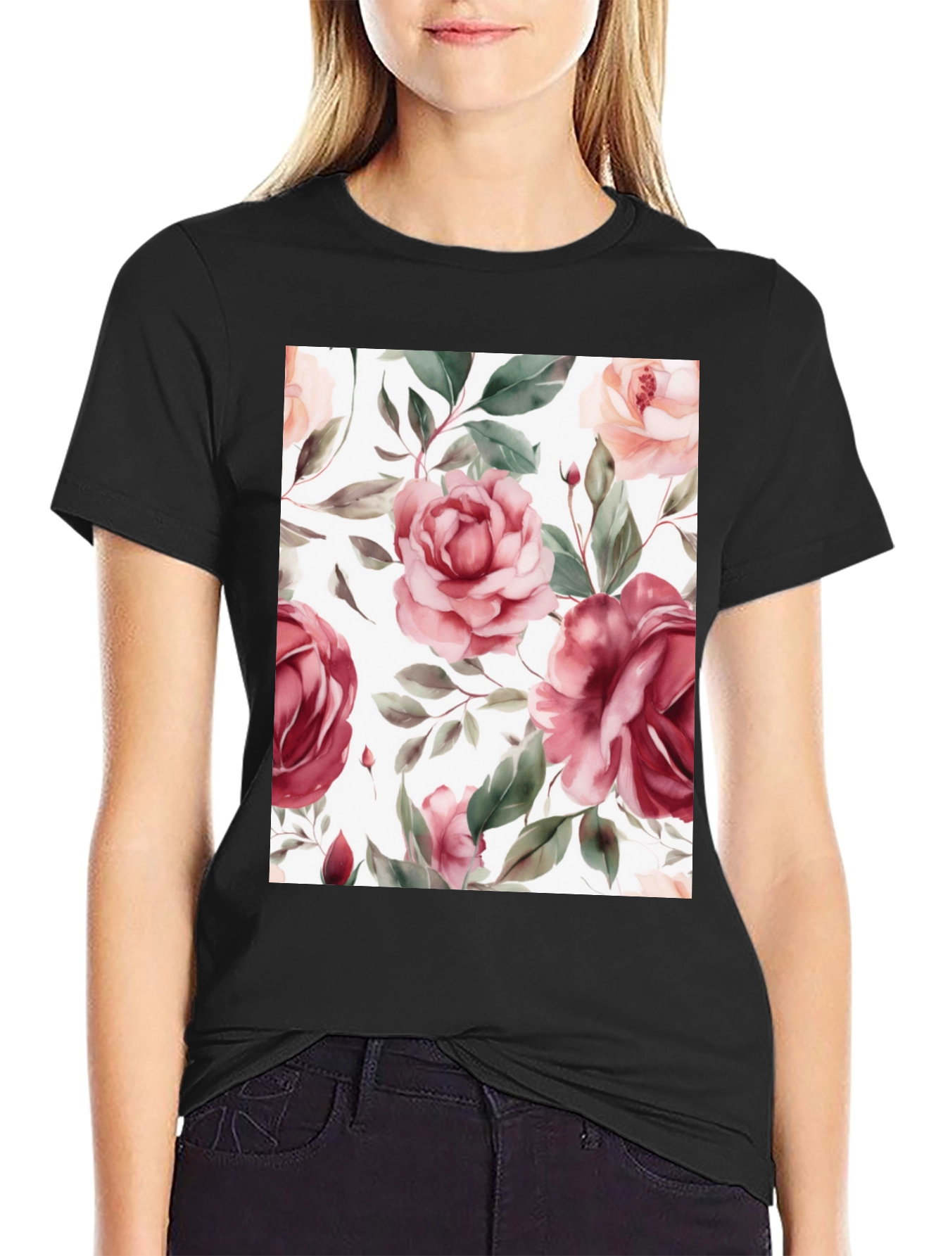 Floral Roses Print Black T-Shirt