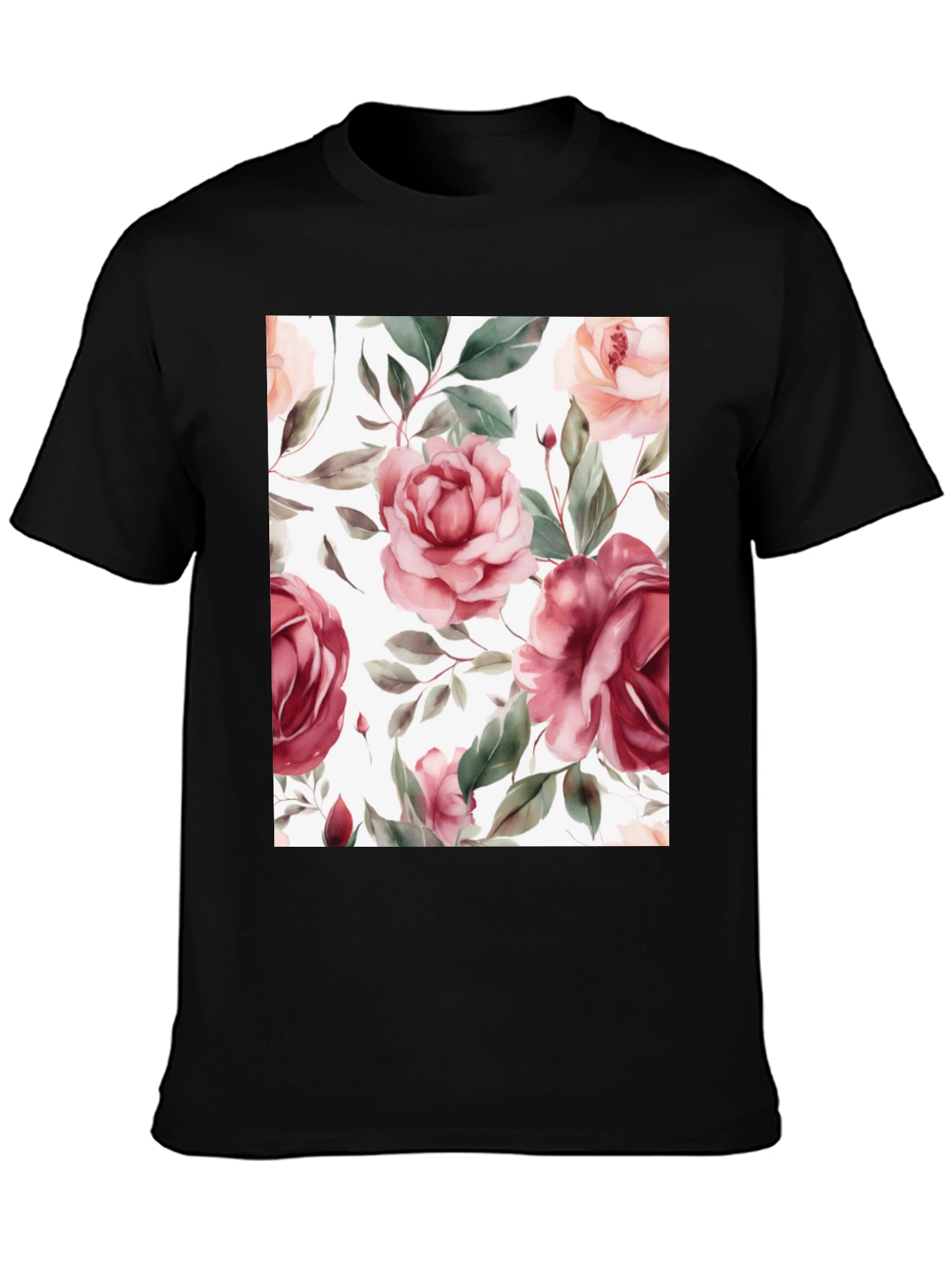 Floral Roses Print Black T-Shirt