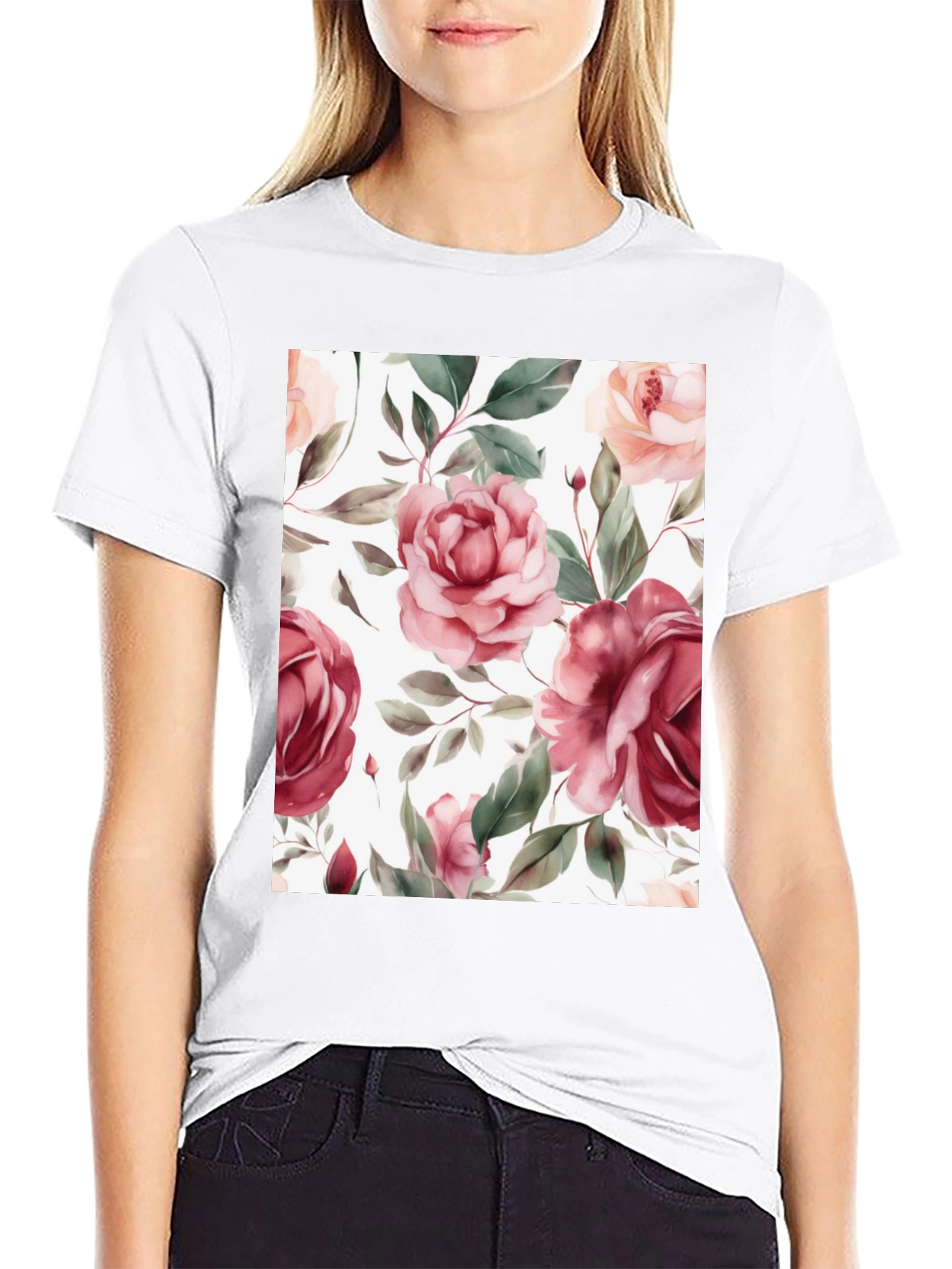 Floral Roses Print Black T-Shirt
