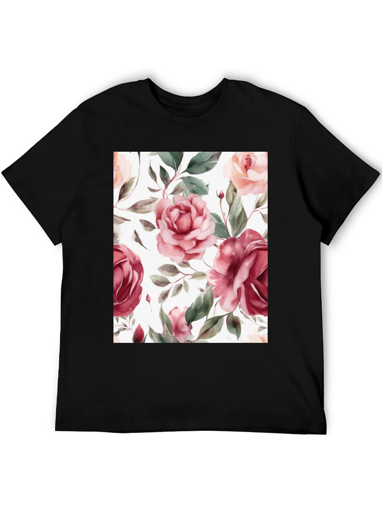Floral Roses Print Black T-Shirt