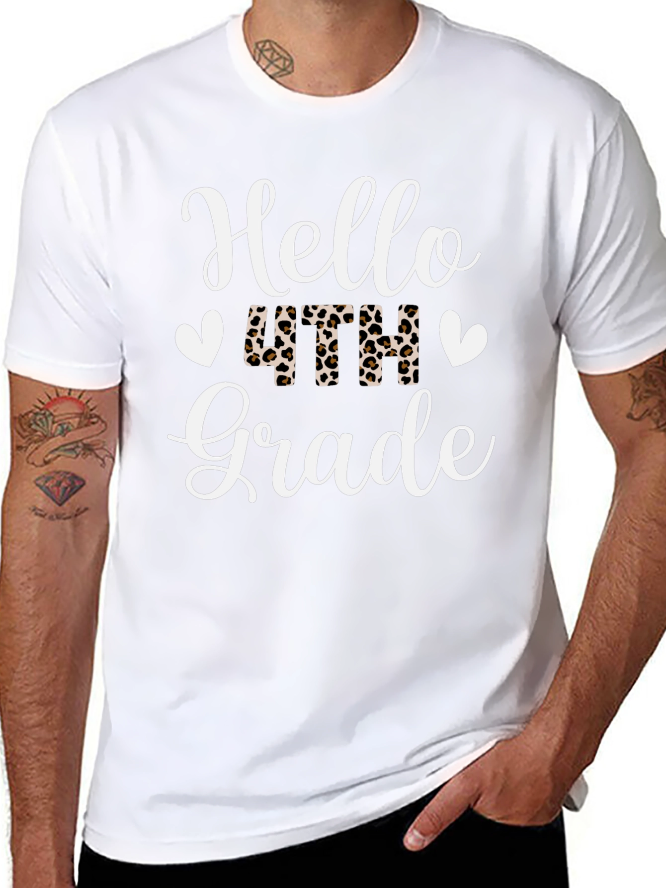 Hello 4th Grade Leopard Print Teacher Shirt