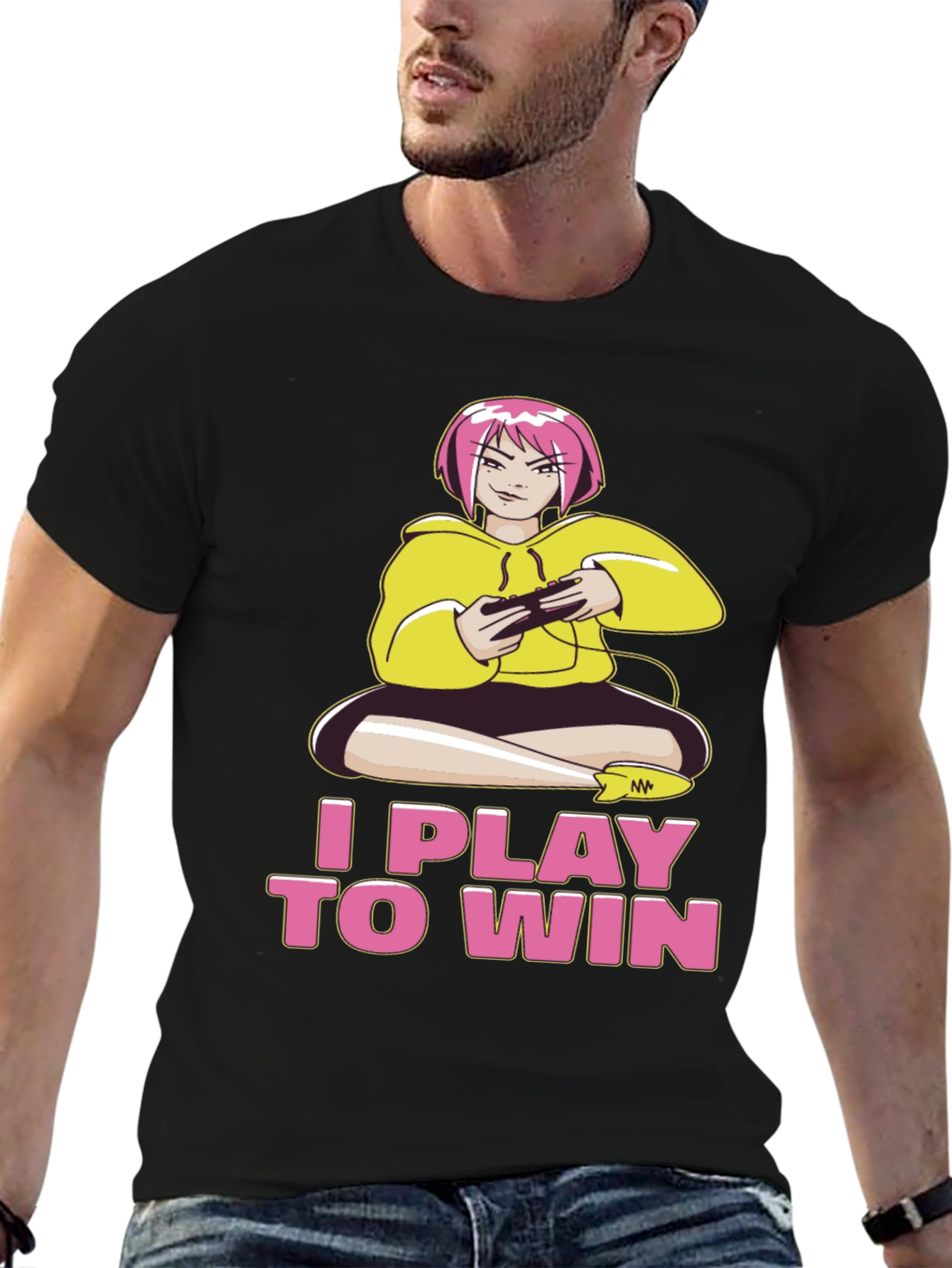 I Play to Win Gamer Anime Girl Black T-Shirt