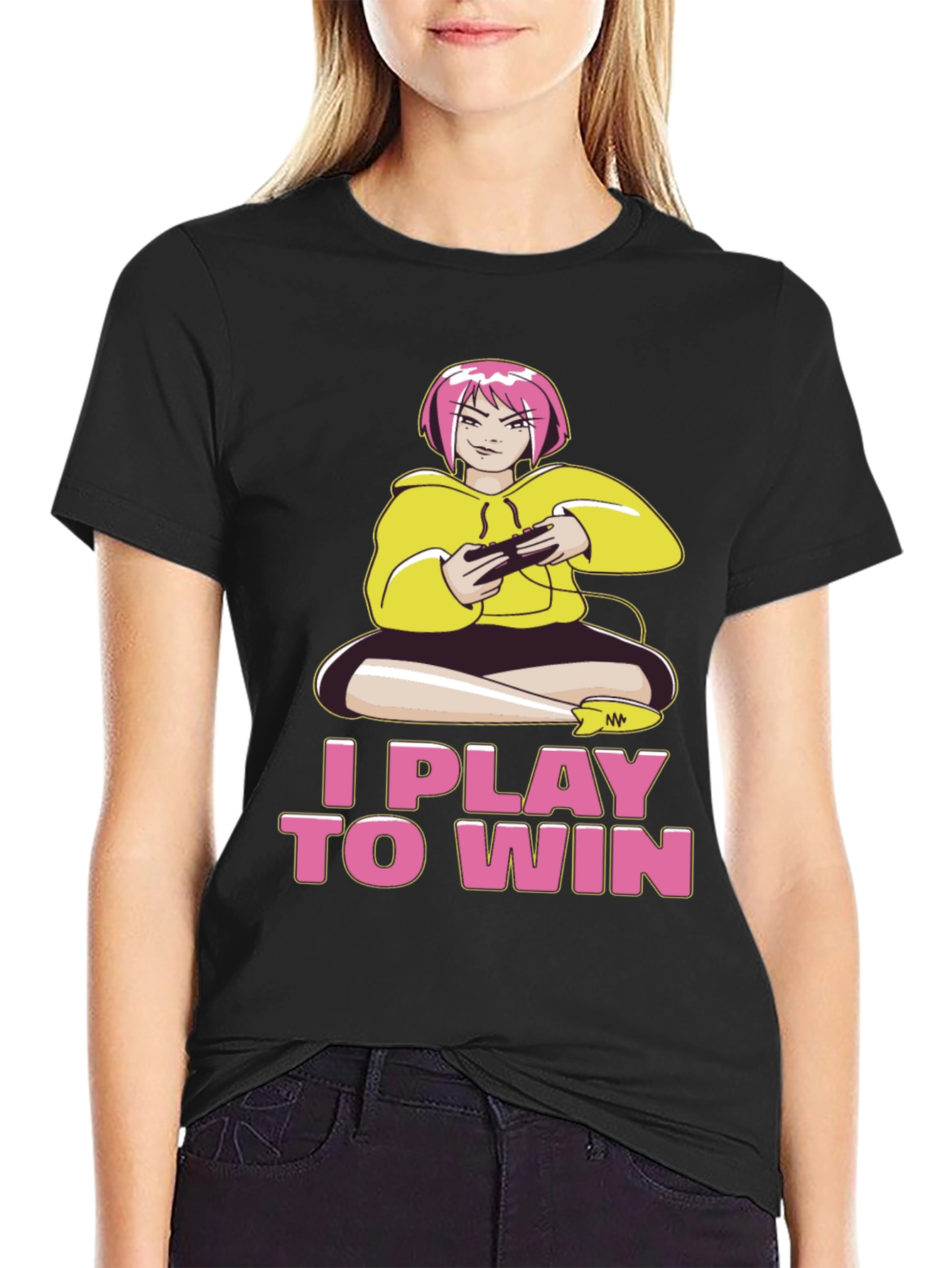 I Play to Win Gamer Anime Girl Black T-Shirt