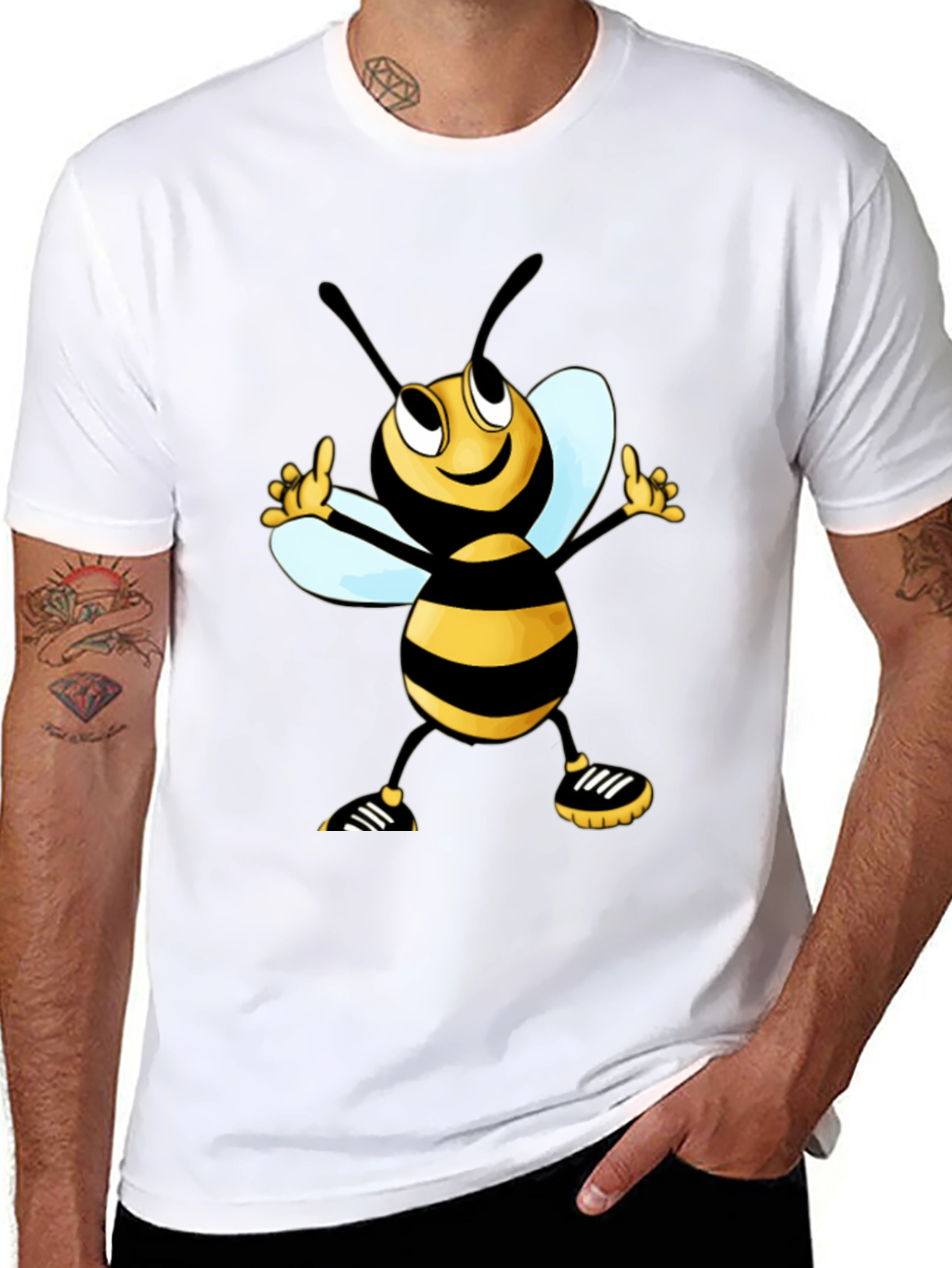 Cartoon Bee Graphic Tee - Black Cotton T-Shirt