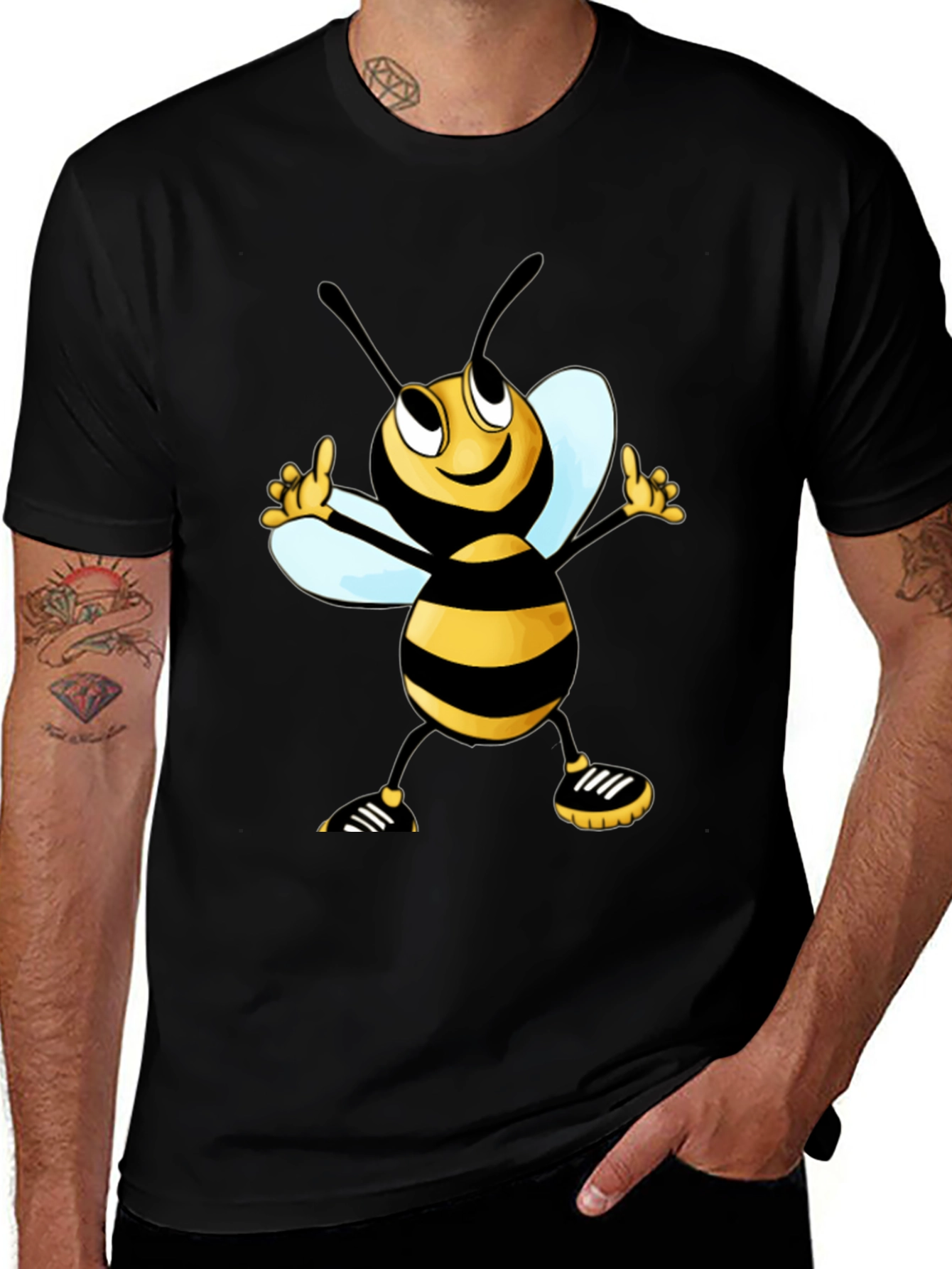 Cartoon Bee Graphic Tee - Black Cotton T-Shirt