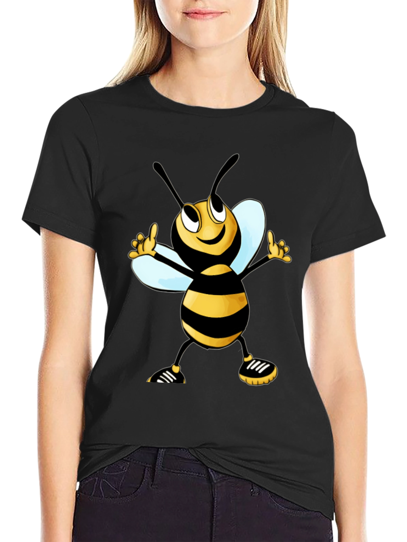 Cartoon Bee Graphic Tee - Black Cotton T-Shirt