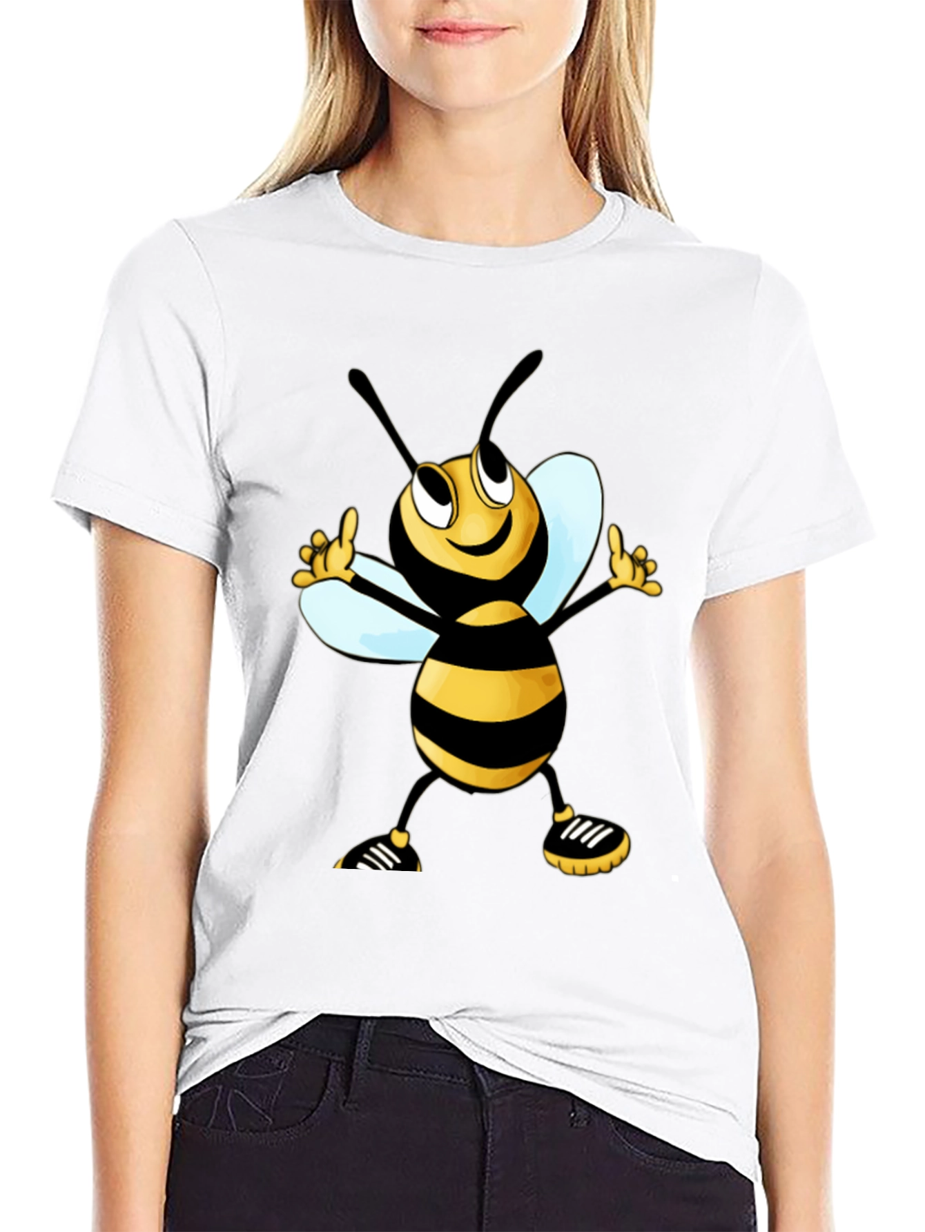 Cartoon Bee Graphic Tee - Black Cotton T-Shirt