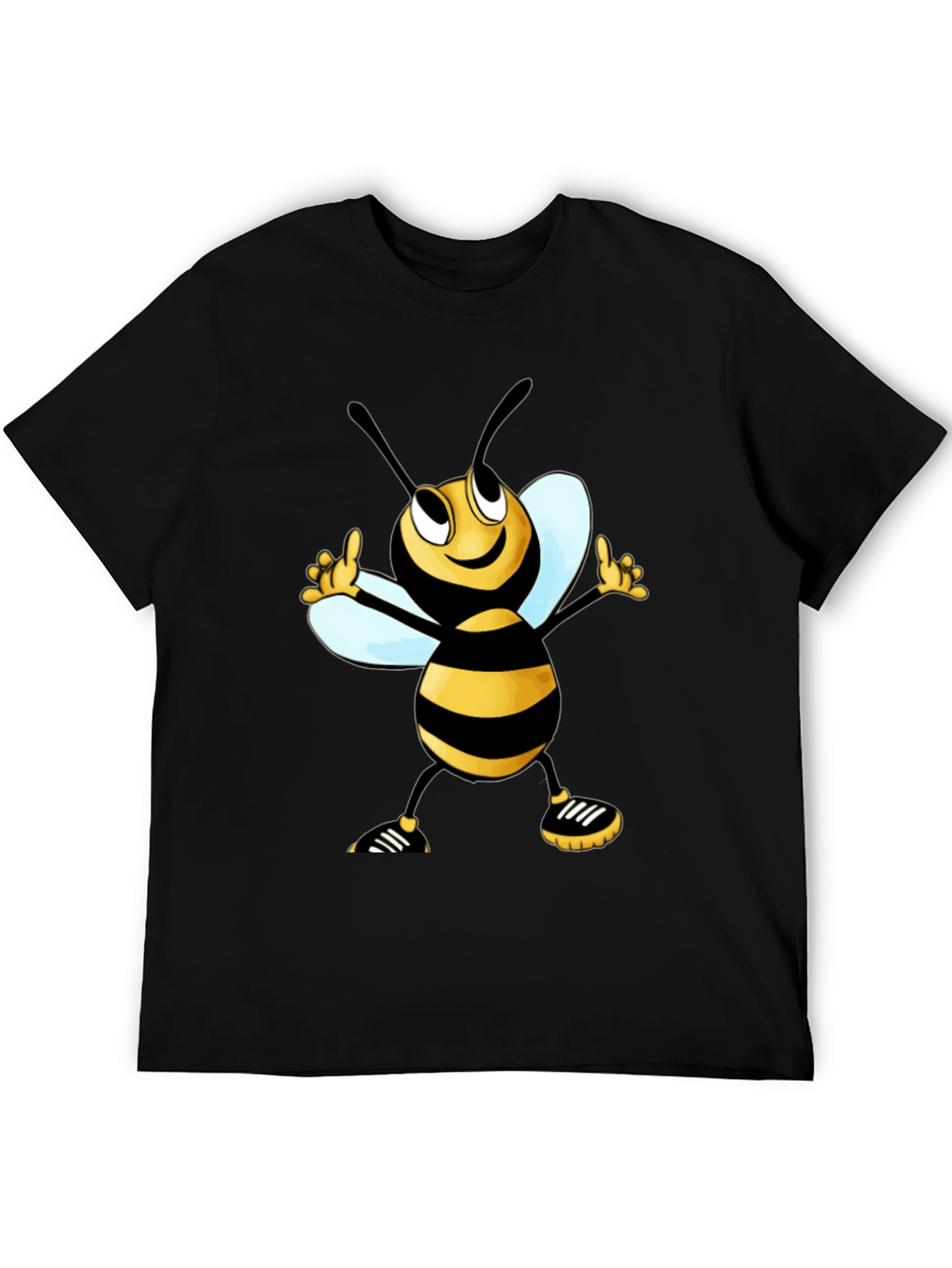Cartoon Bee Graphic Tee - Black Cotton T-Shirt
