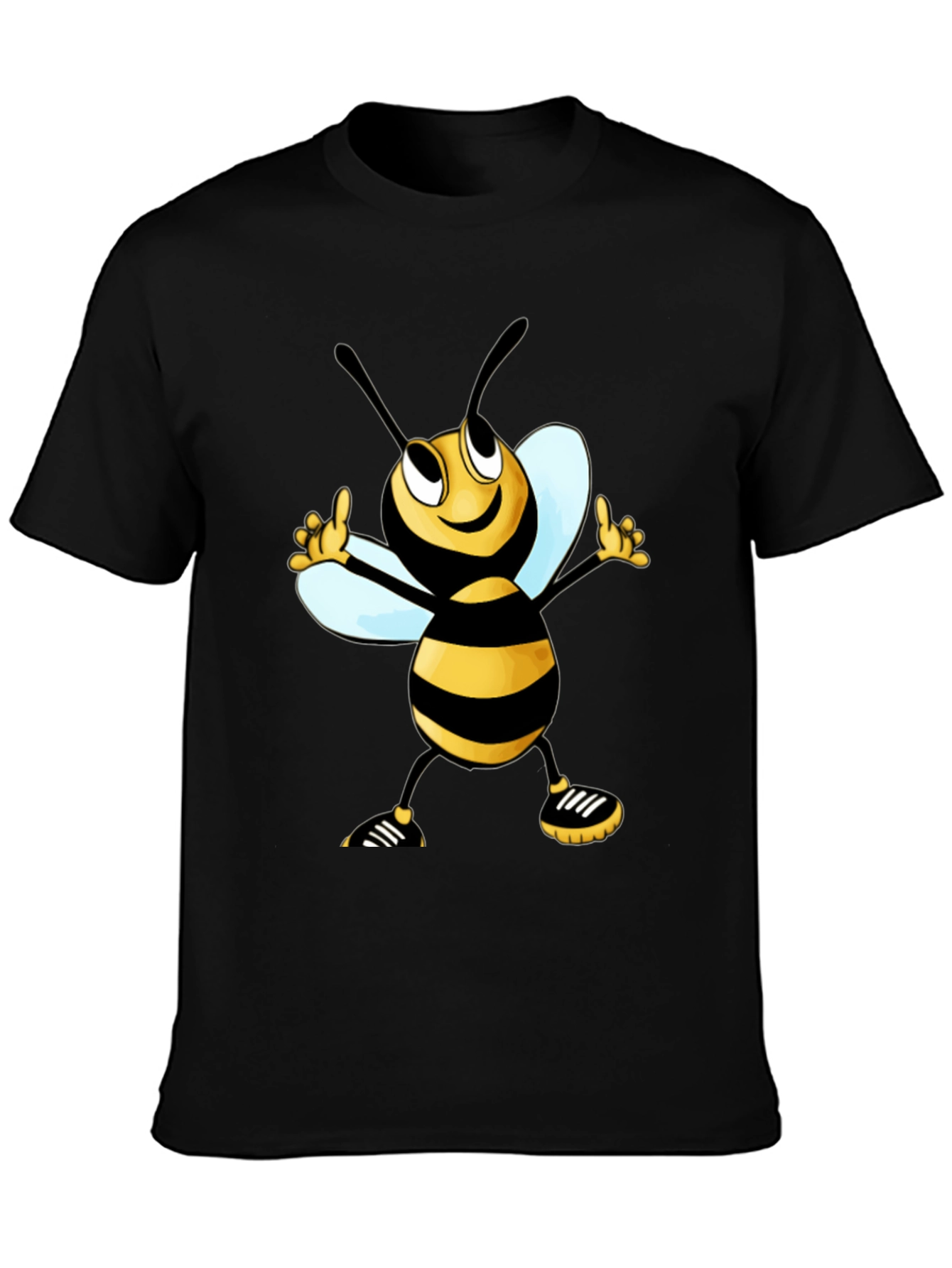 Cartoon Bee Graphic Tee - Black Cotton T-Shirt