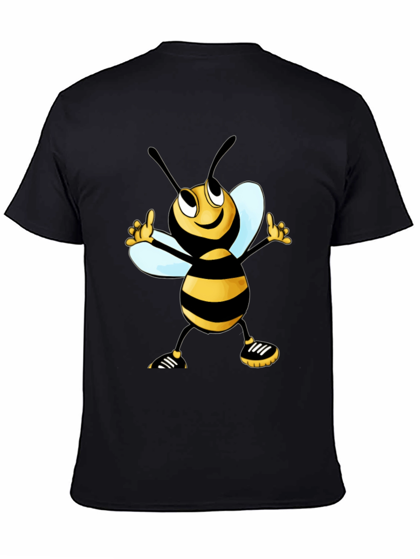 Cartoon Bee Graphic Tee - Black Cotton T-Shirt