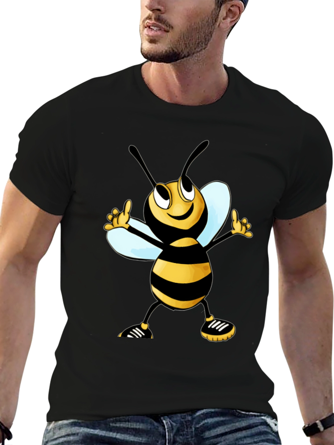Cartoon Bee Graphic Tee - Black Cotton T-Shirt
