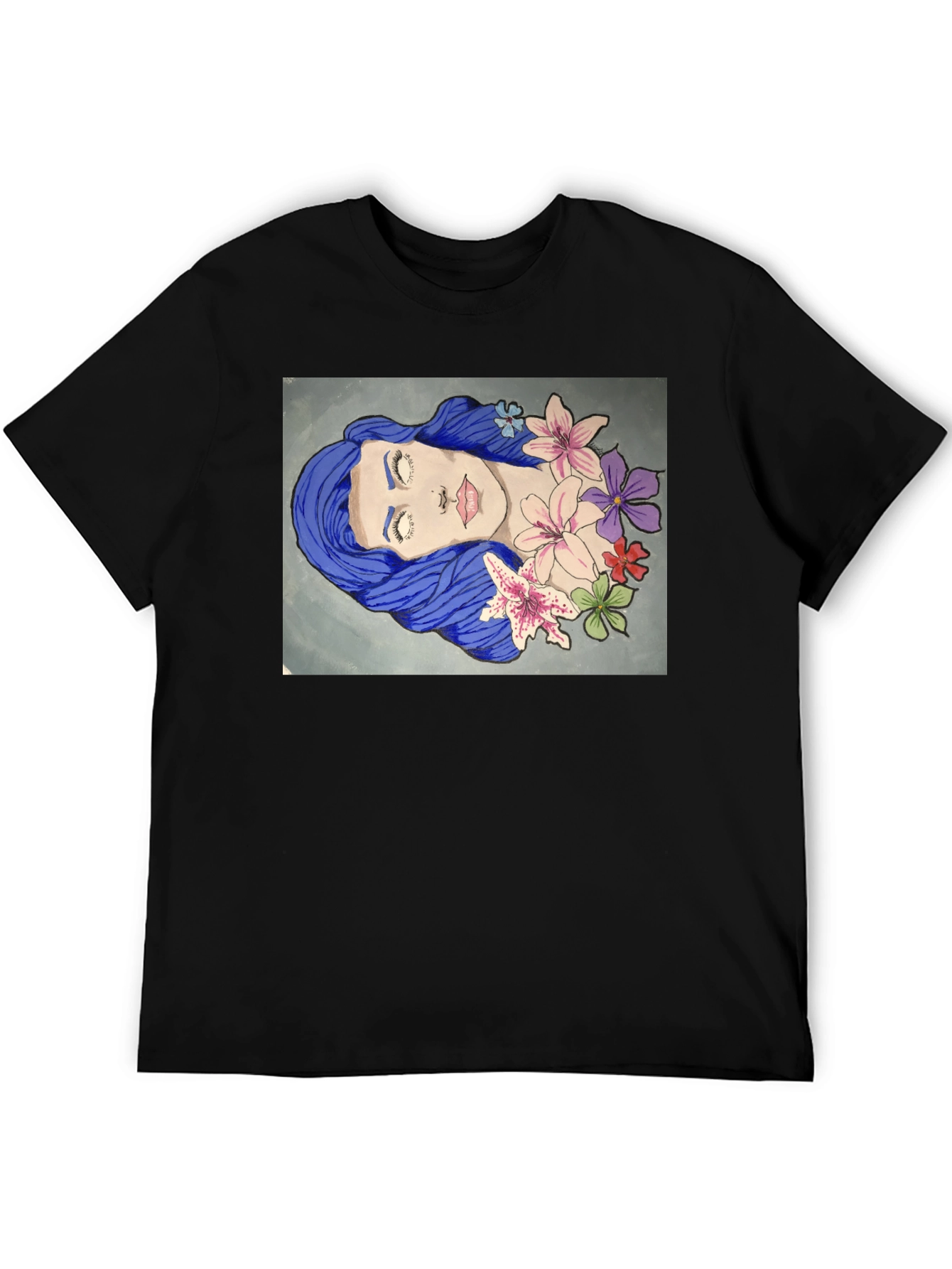 Blue Hair Girl Flower Art Graphic T-Shirt