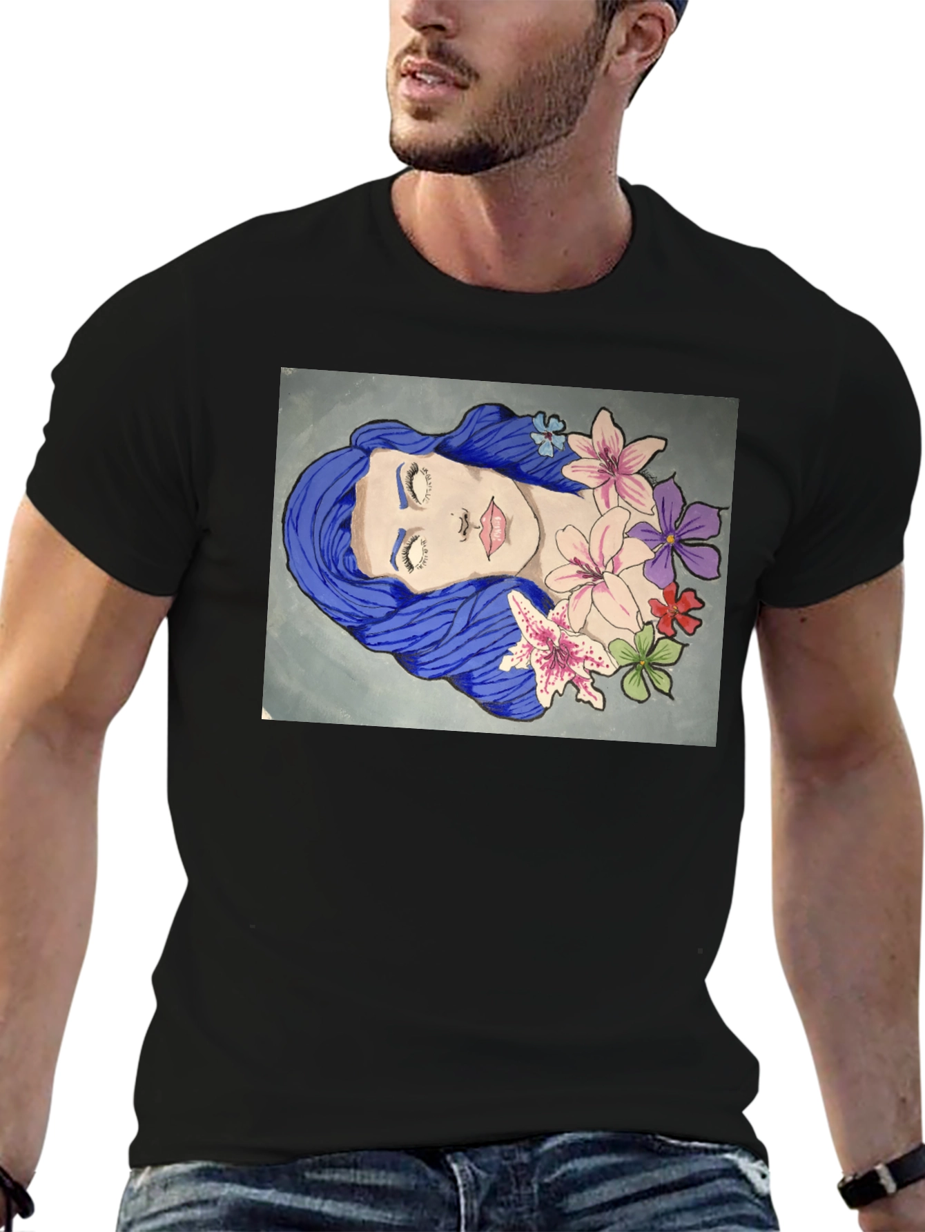 Blue Hair Girl Flower Art Graphic T-Shirt