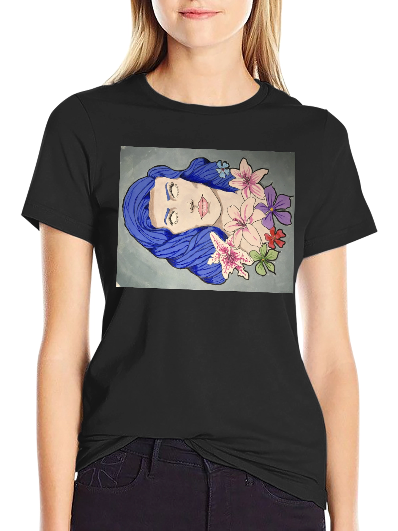 Blue Hair Girl Flower Art Graphic T-Shirt