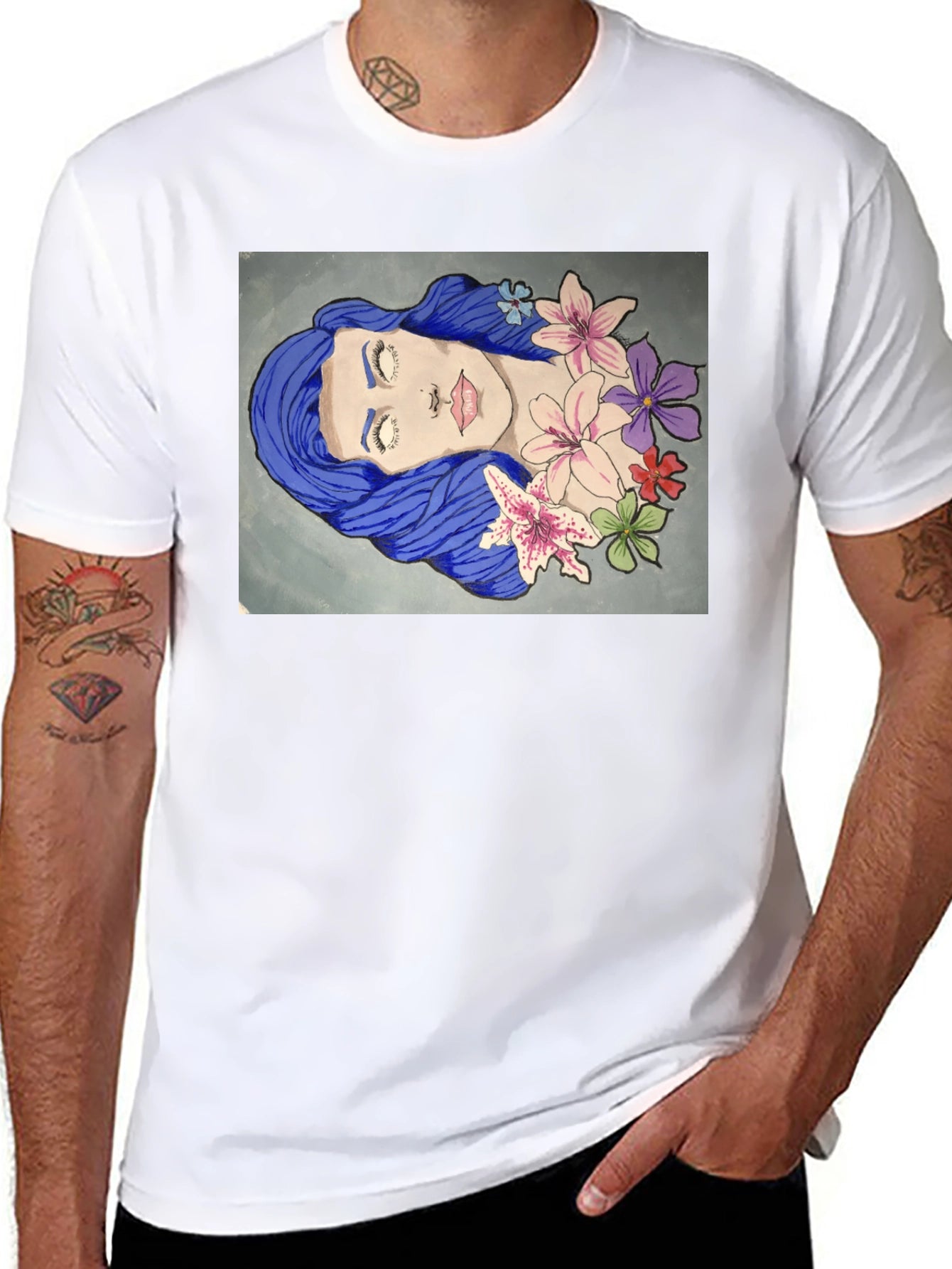 Blue Hair Girl Flower Art Graphic T-Shirt