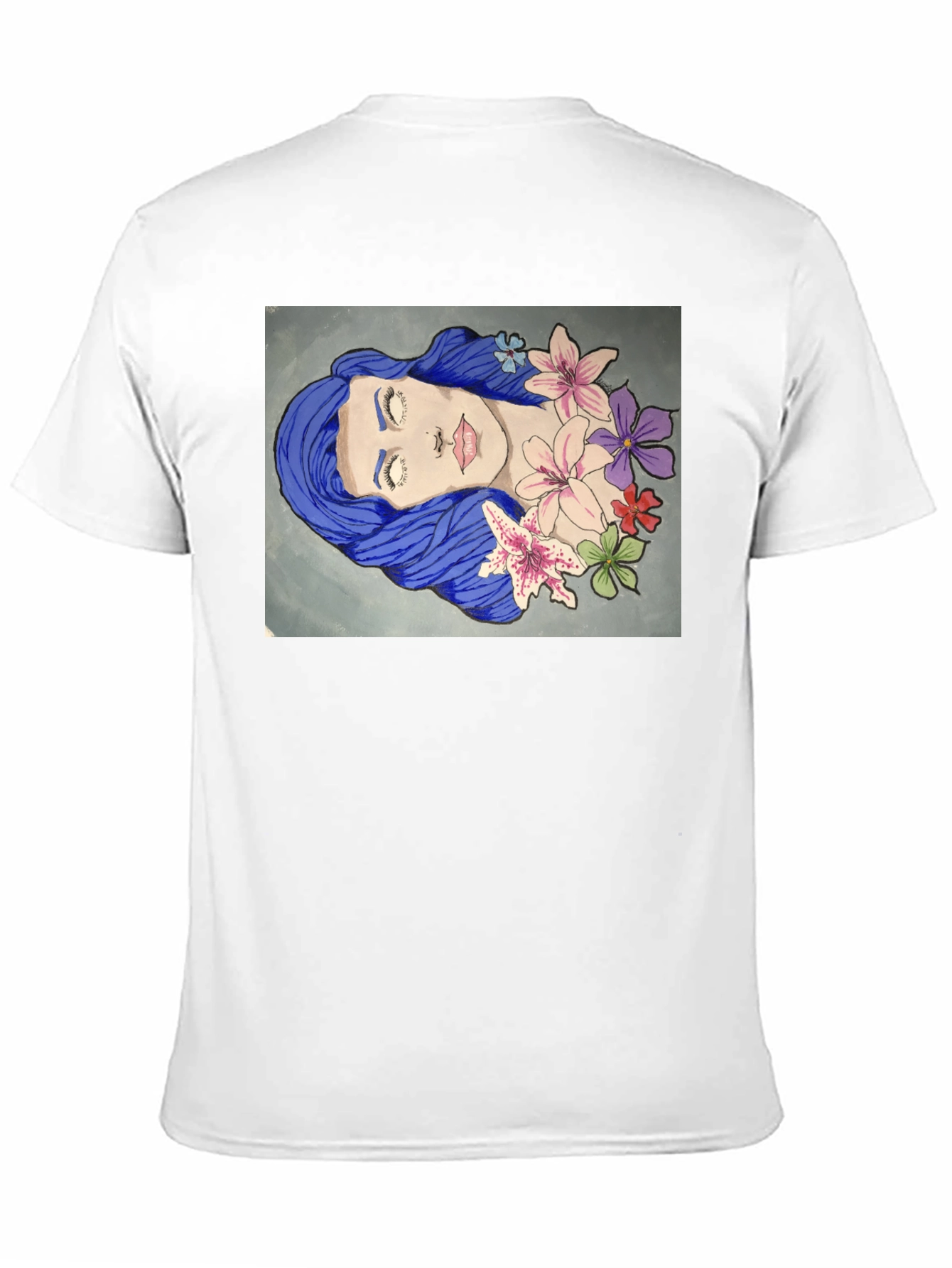 Blue Hair Girl Flower Art Graphic T-Shirt