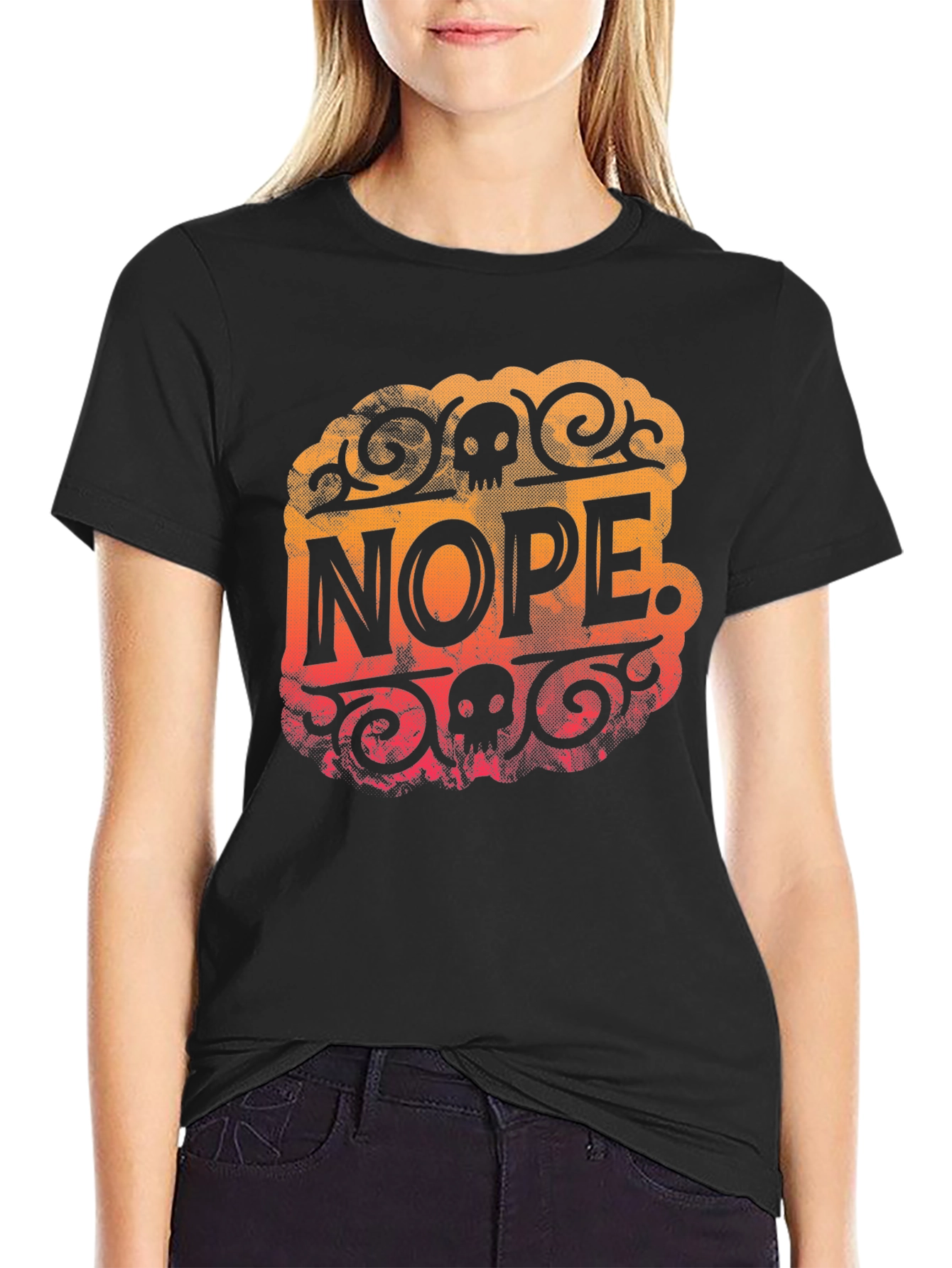 Nope Skull Graphic Print T-Shirt - Crew Neck Tee