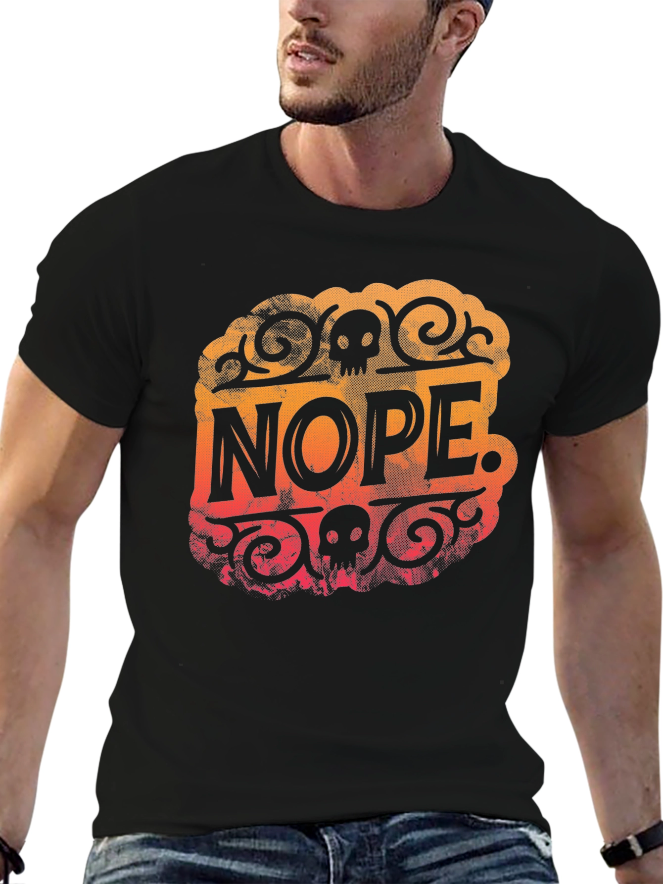 Nope Skull Graphic Print T-Shirt - Crew Neck Tee