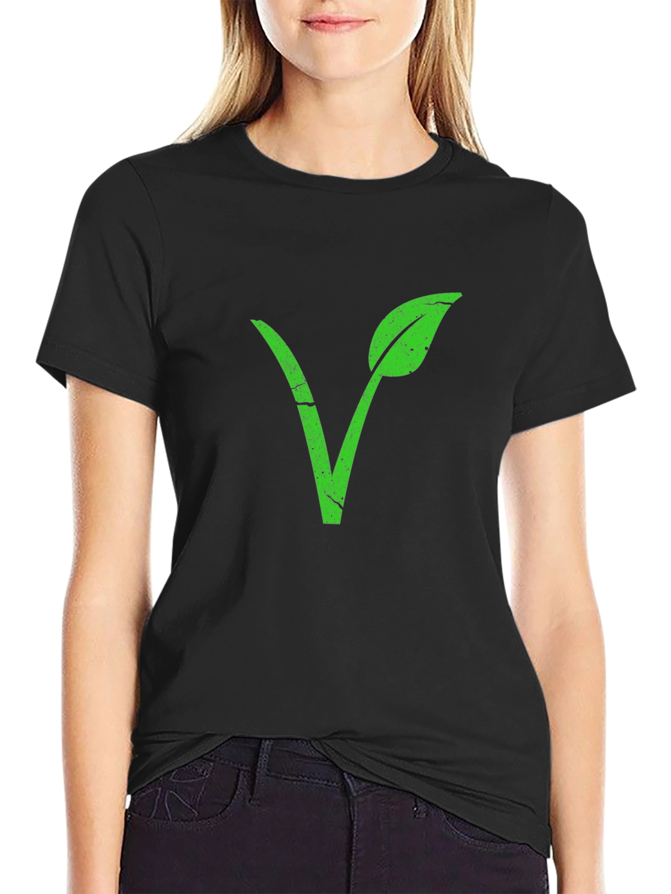 Vegan Symbol T-Shirt - Green Leaf V Design