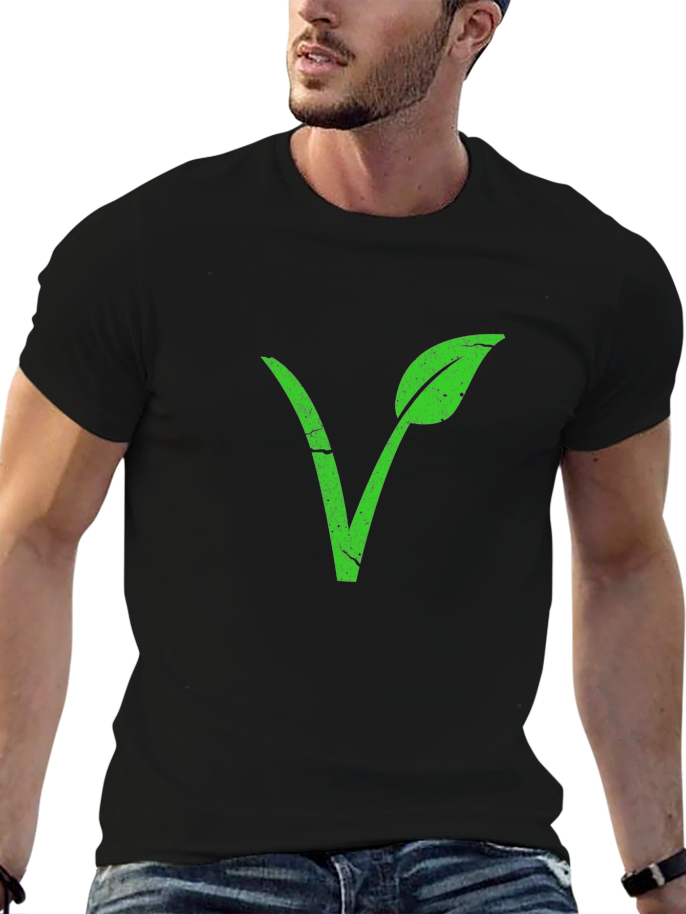 Vegan Symbol T-Shirt - Green Leaf V Design