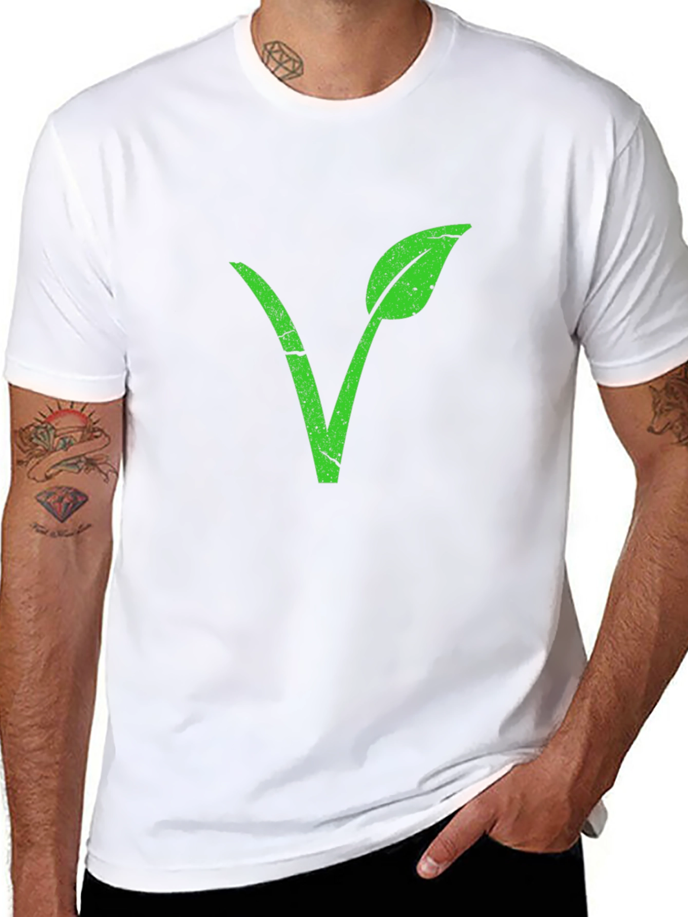 Vegan Symbol T-Shirt - Green Leaf V Design