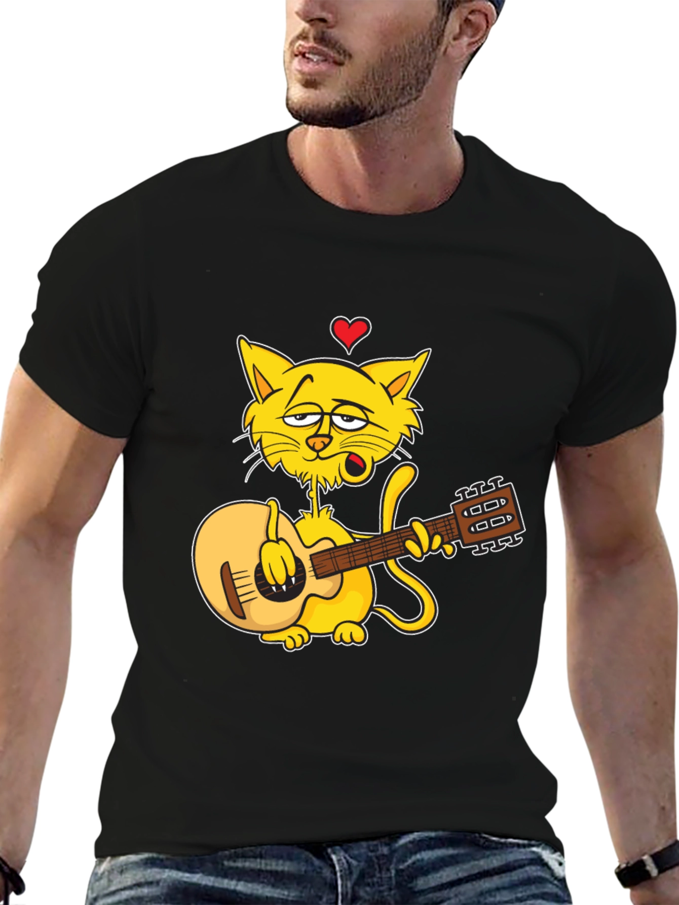 Cat Guitarist Graphic Black T-Shirt