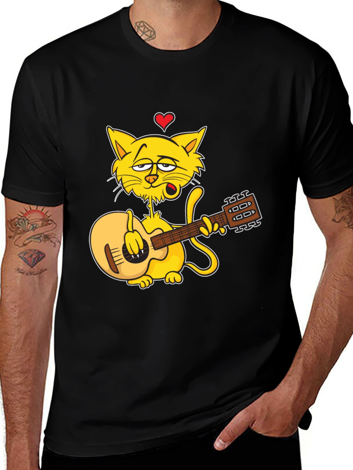 Cat Guitarist Graphic Black T-Shirt