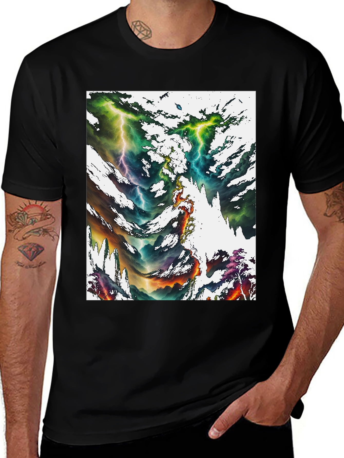 Abstract Lightning Bolt Graphic Print Black Tee