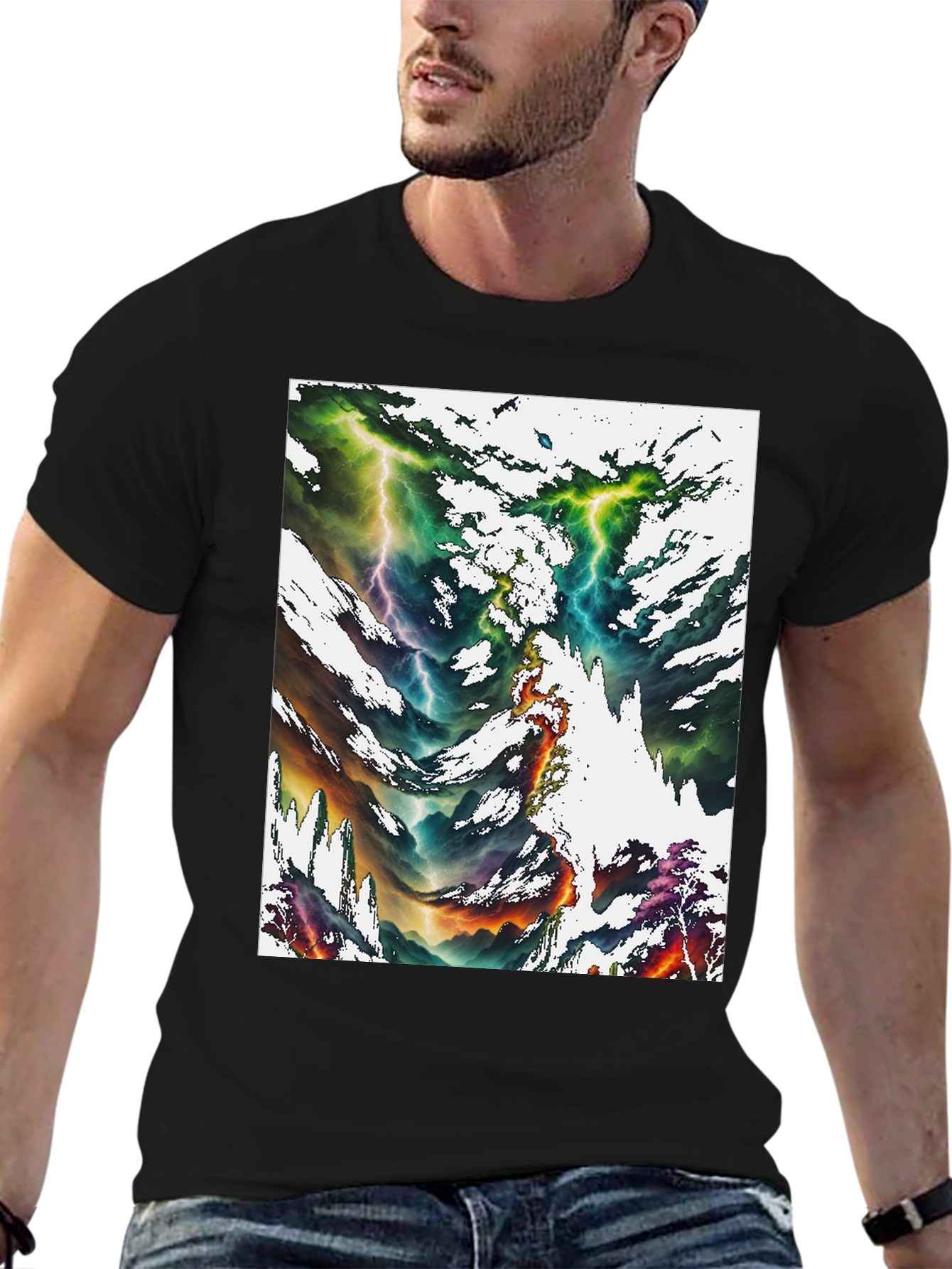 Abstract Lightning Bolt Graphic Print Black Tee