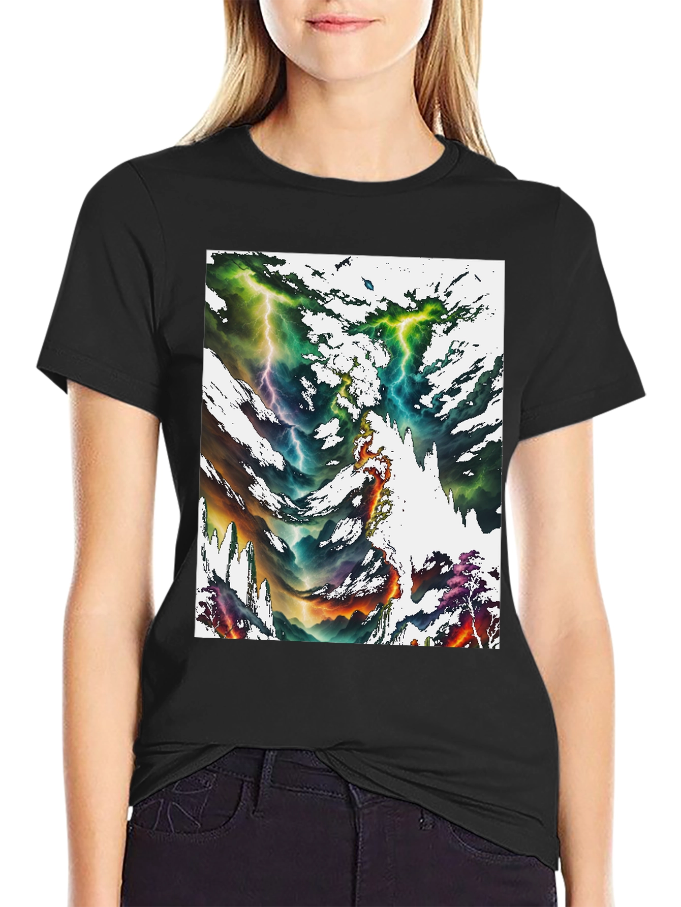 Abstract Lightning Bolt Graphic Print Black Tee