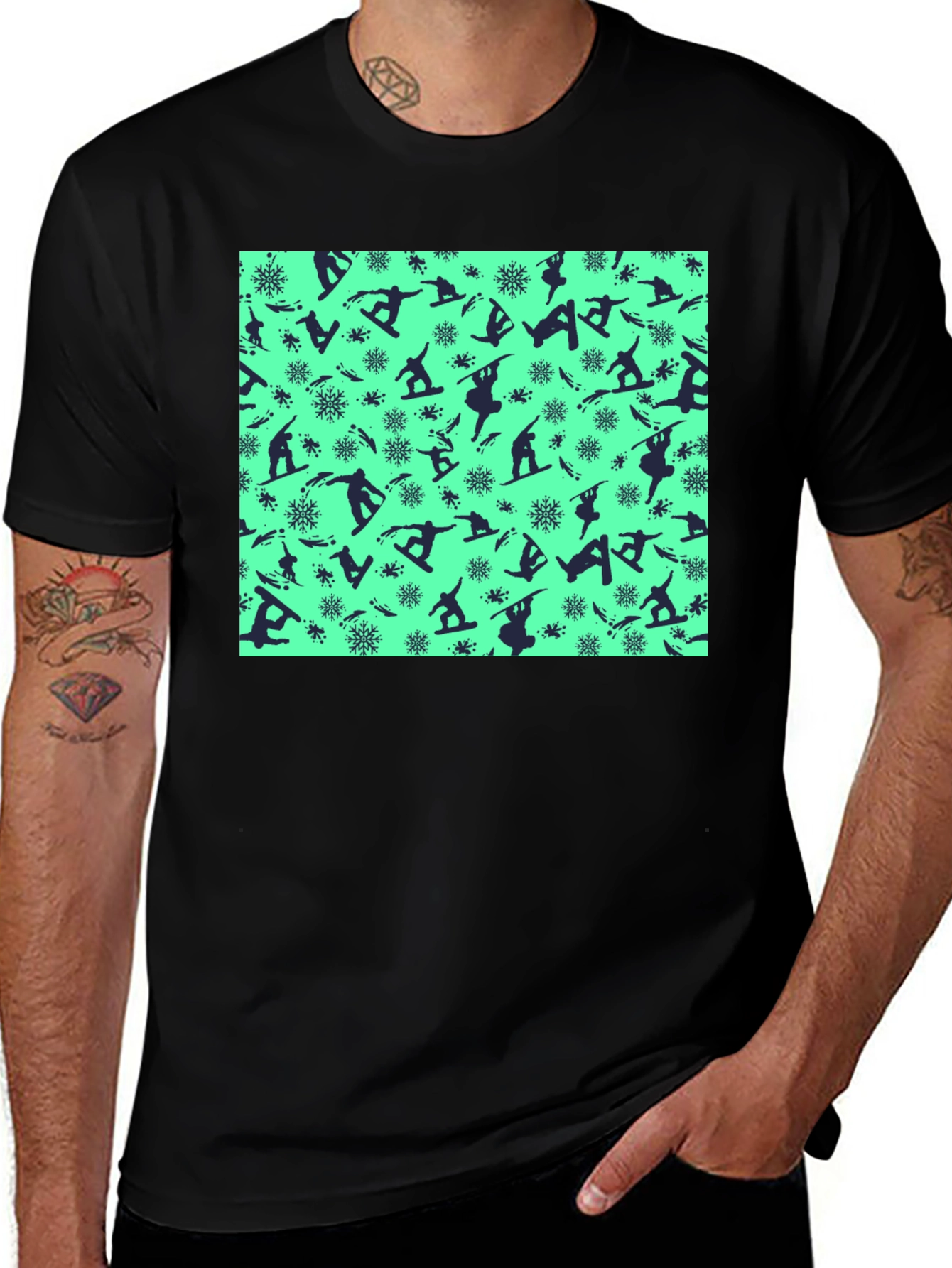 Snowboarder Pattern Black T-Shirt
