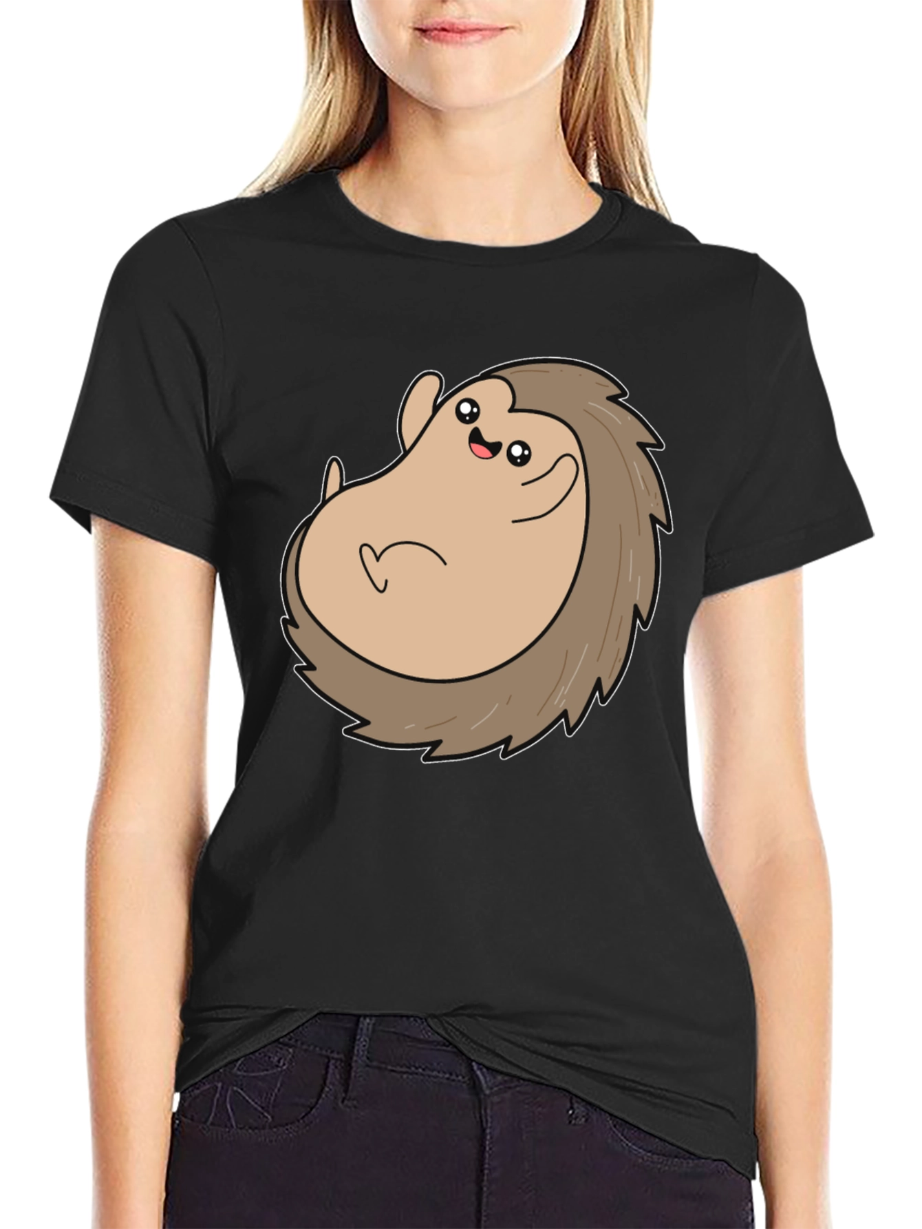 Cute Hedgehog Graphic Tee - Black Cotton T-Shirt