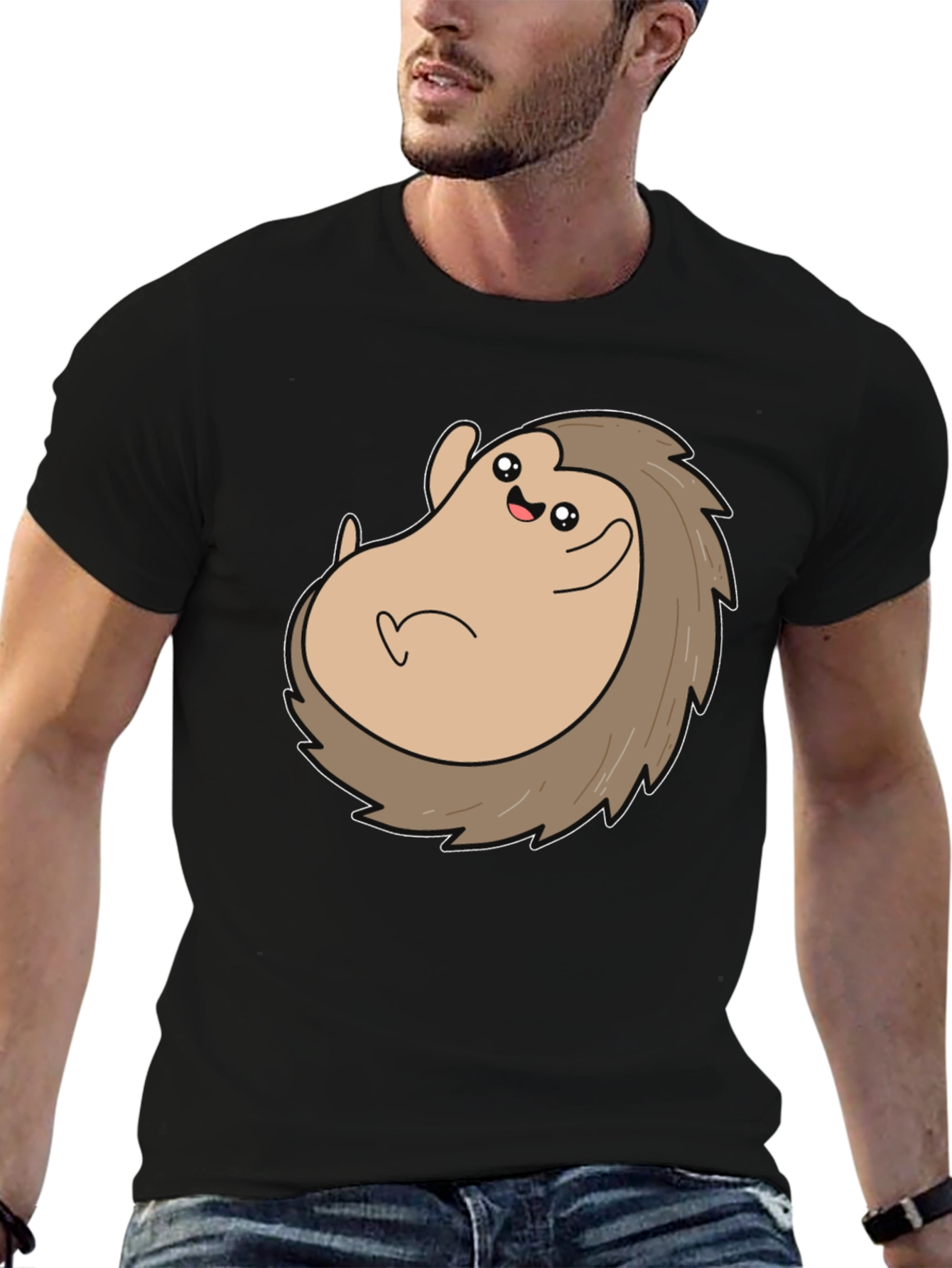 Cute Hedgehog Graphic Tee - Black Cotton T-Shirt