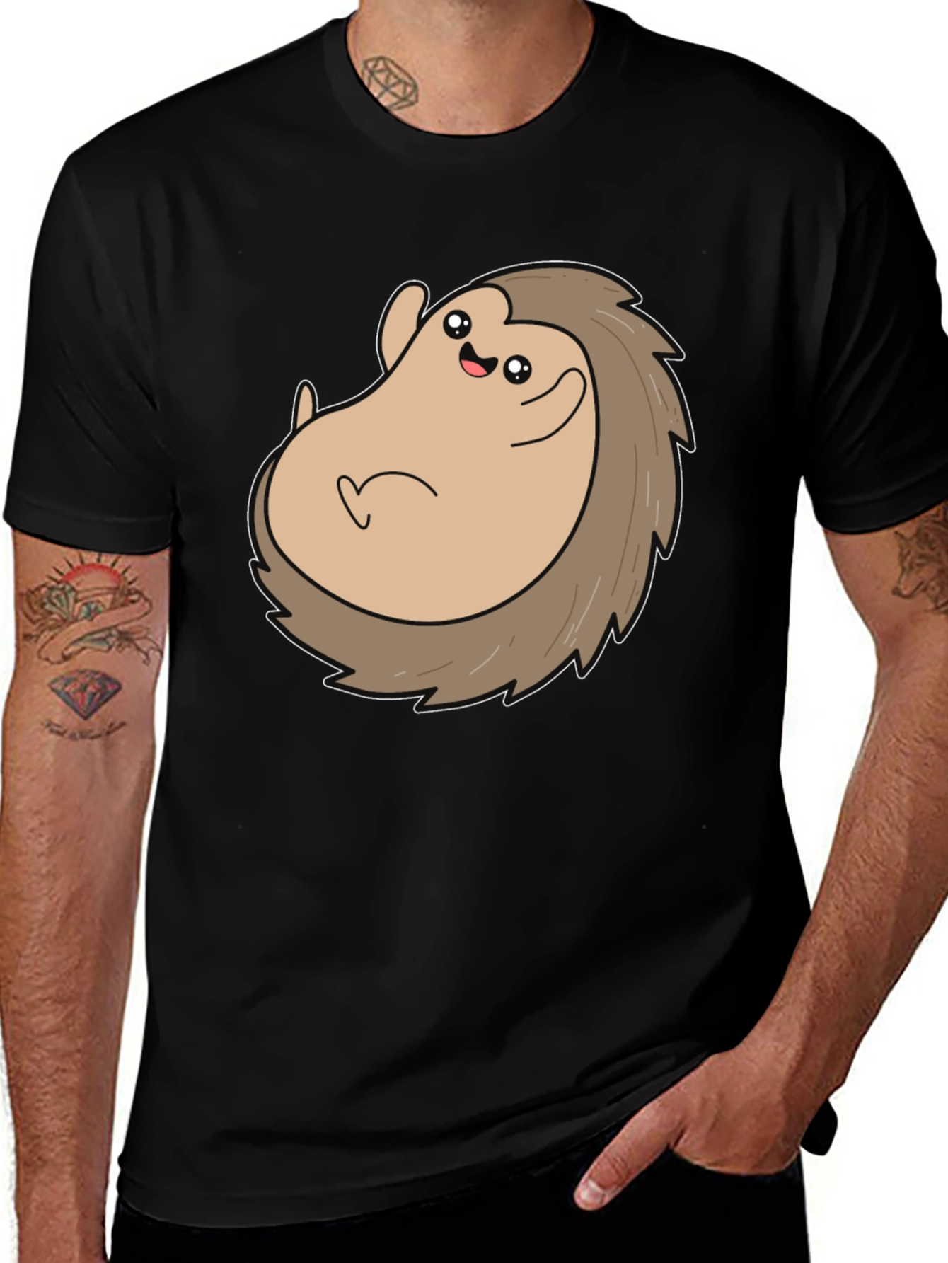 Cute Hedgehog Graphic Tee - Black Cotton T-Shirt