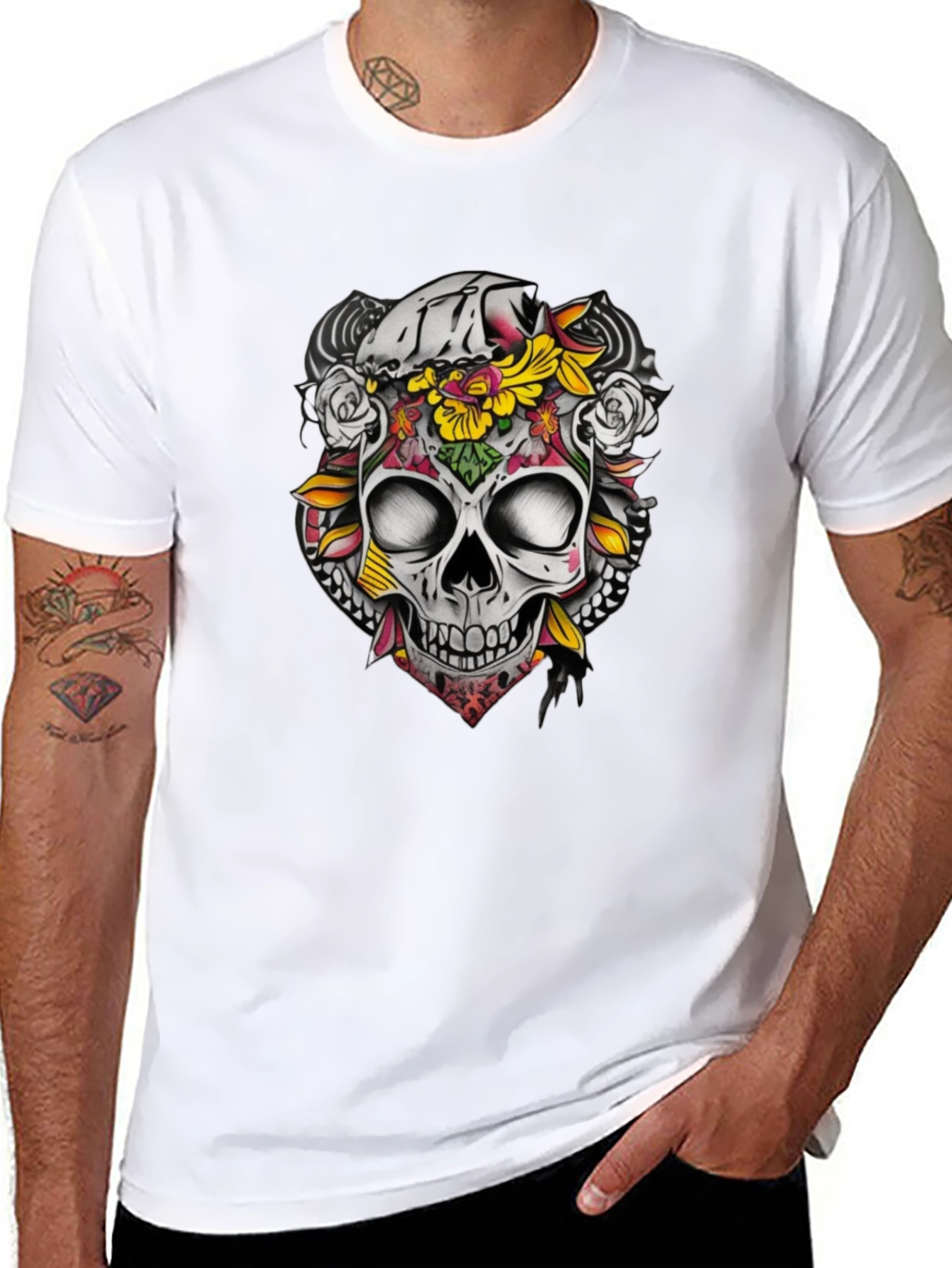 Floral Skull Graphic Tee - Dark Cotton T-Shirt