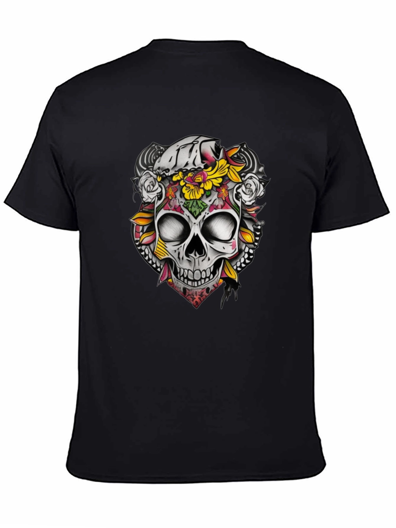 Floral Skull Graphic Tee - Dark Cotton T-Shirt