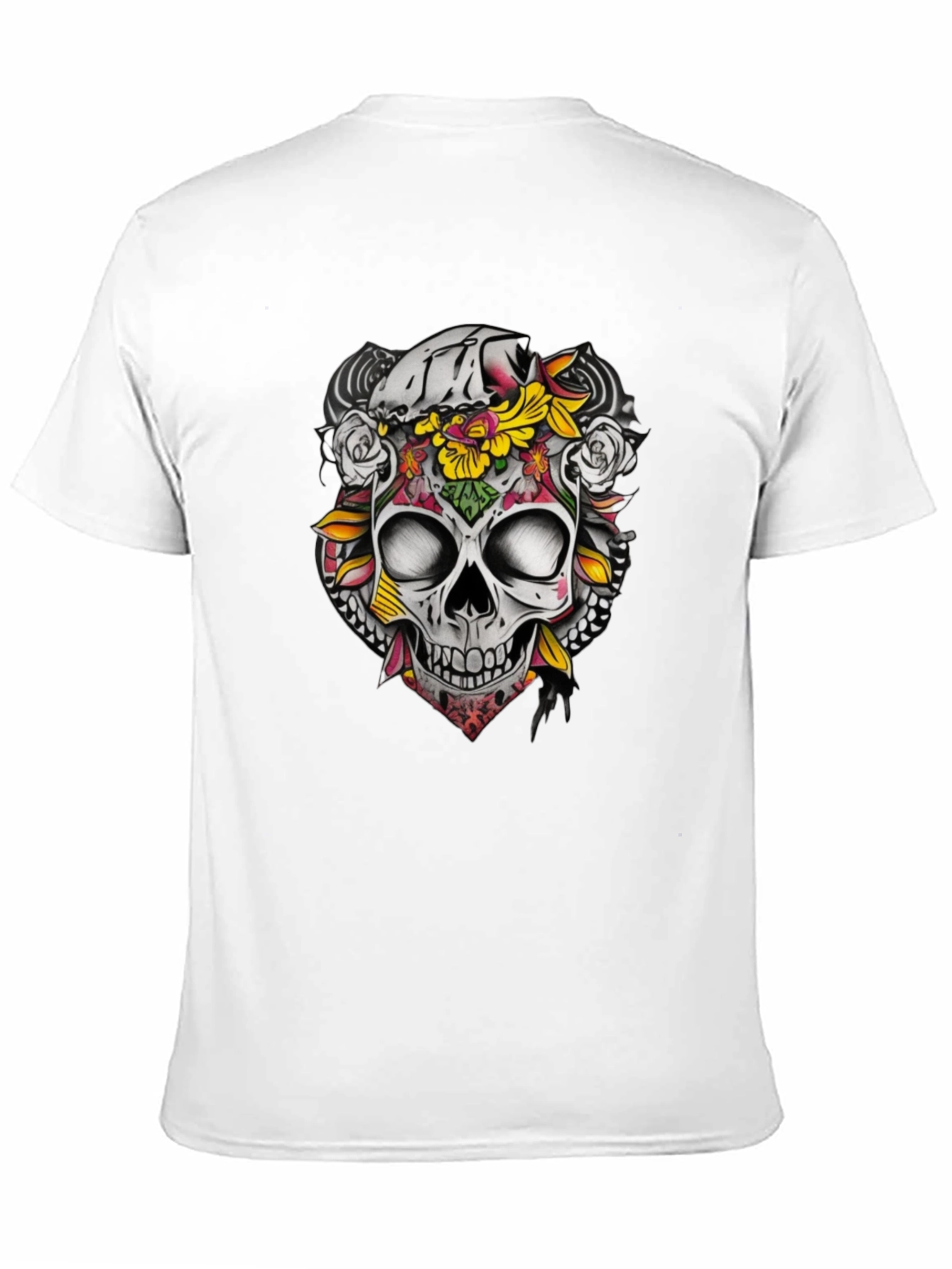 Floral Skull Graphic Tee - Dark Cotton T-Shirt